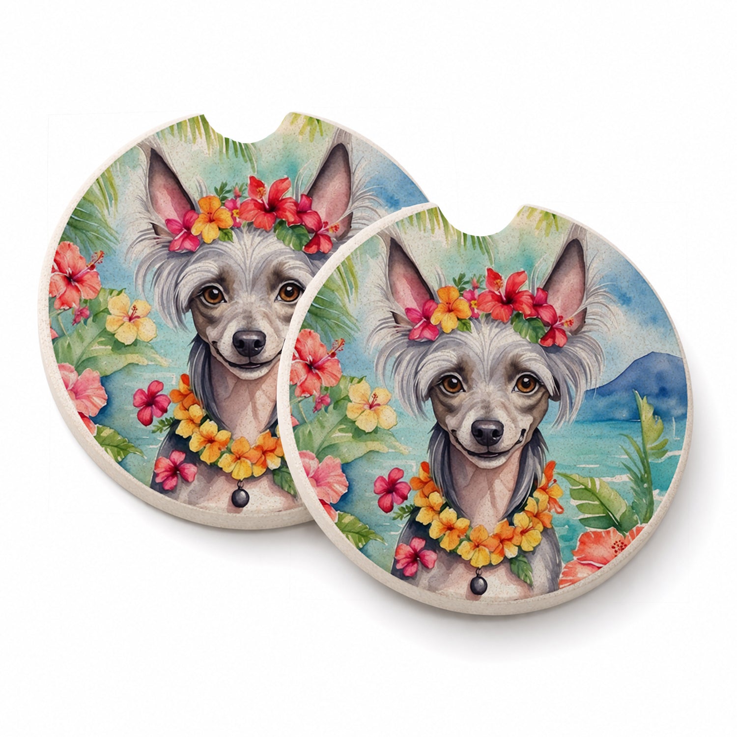 Chinese Crested Luau Set of 2 Cup Holder Car Coasters Absorbent Round Sandstone Coasters Gifts for Men or Women, 2.5, Multicolor