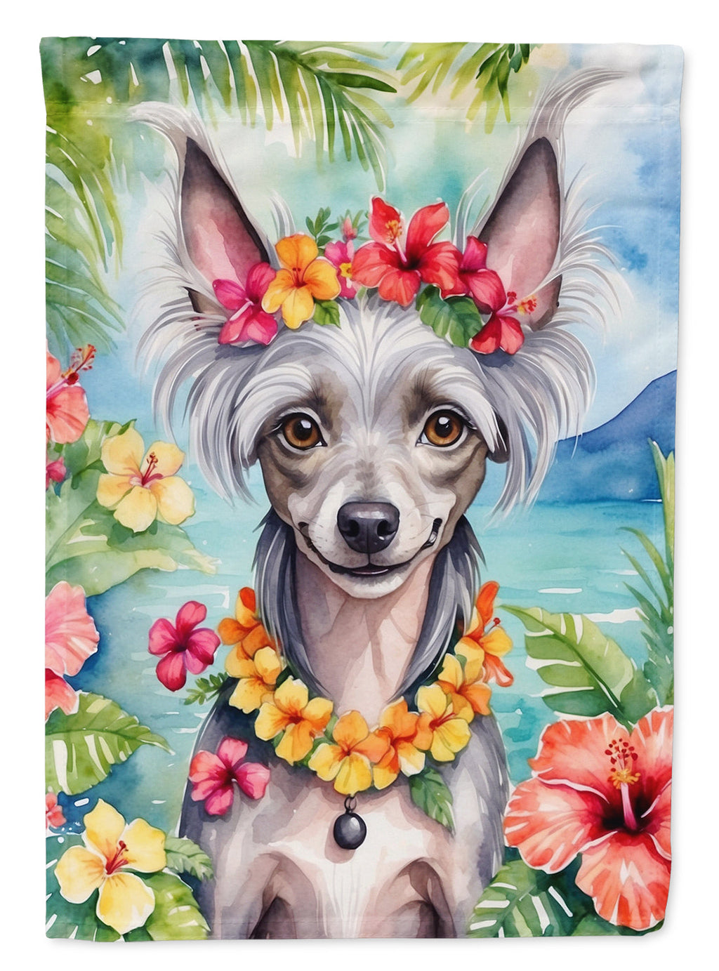 Chinese Crested Luau House Flag 28x40 Porch Sleeve Pole Decorative Outside Yard Banner Artwork Wall Hanging, Polyester
