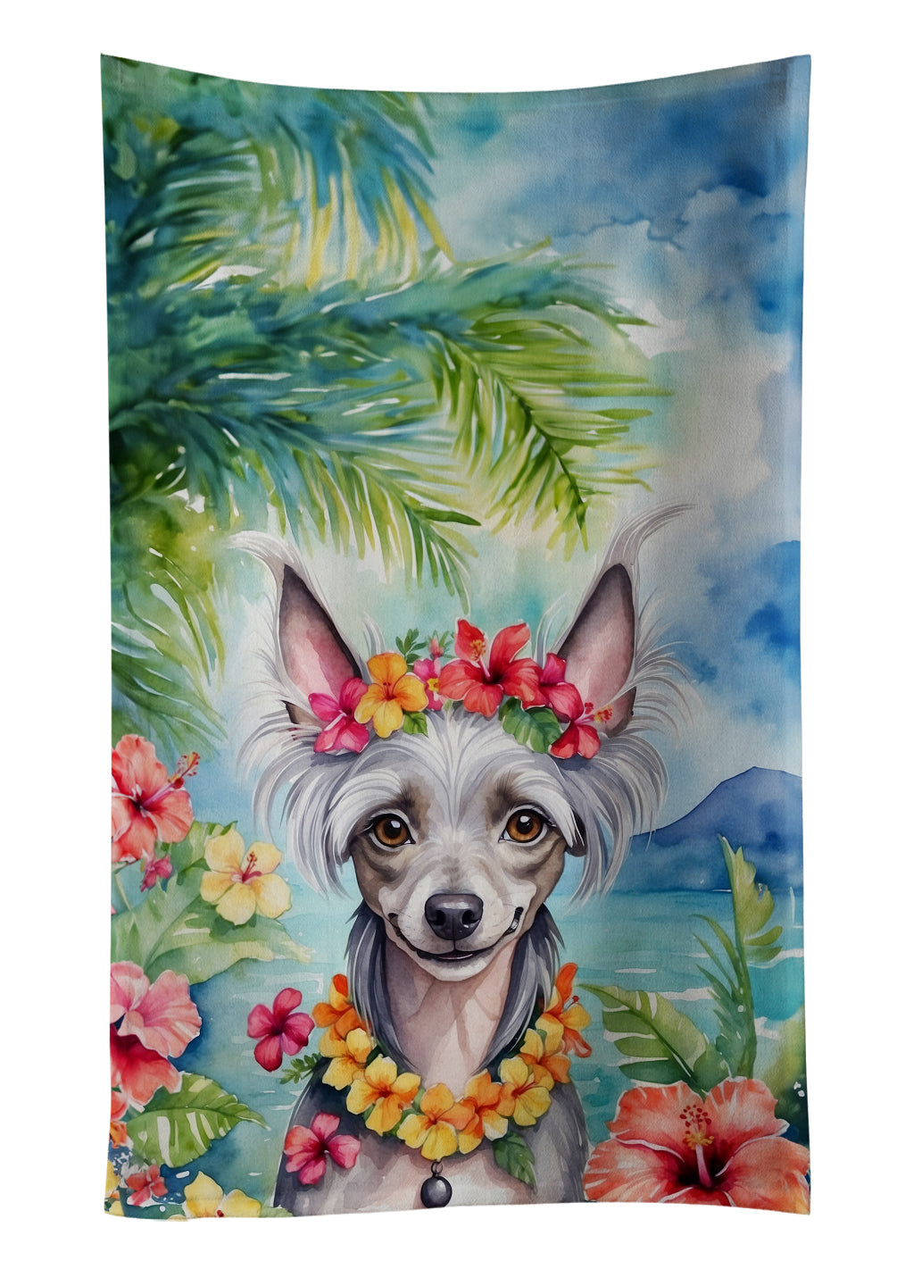 Chinese Crested Luau Kitchen Towel Velour Plush Front and Cotton Loop Back Machine Washable