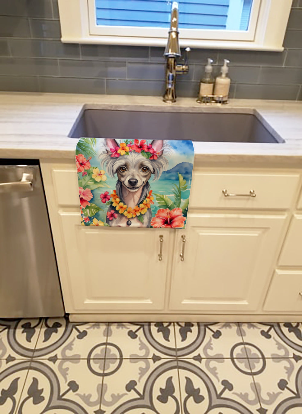 Chinese Crested Luau Kitchen Towel Velour Plush Front and Cotton Loop Back Machine Washable