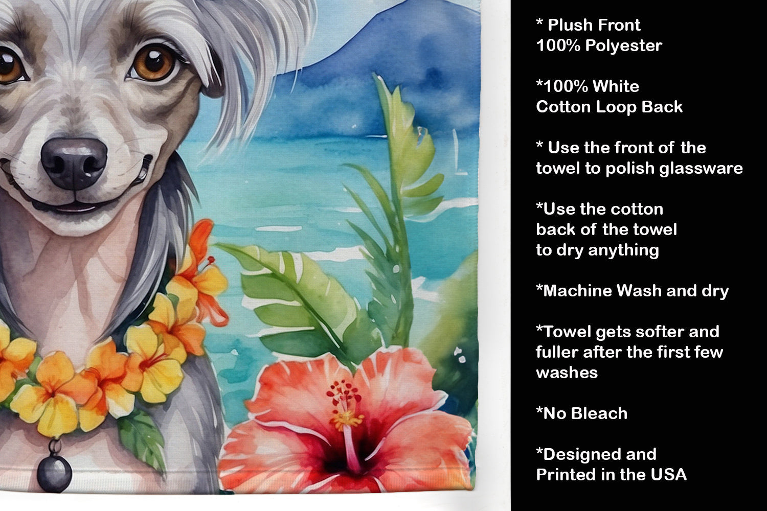 Chinese Crested Luau Kitchen Towel Velour Plush Front and Cotton Loop Back Machine Washable