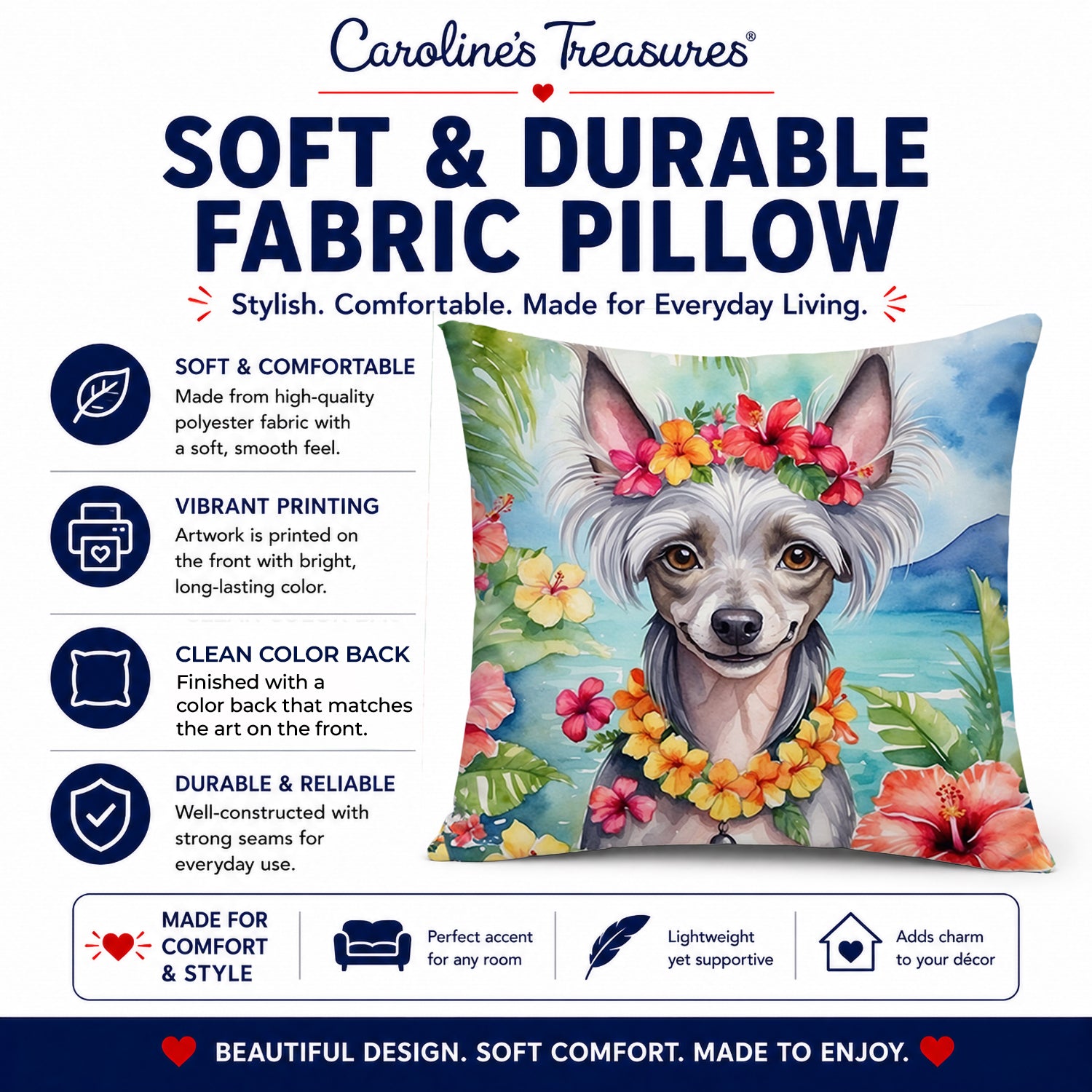 Chinese Crested Luau Decorative Throw Pillow 14x14 Indoor Outdoor Accent Cushion, Fabric Cover with Insert for Sofa, Bed, Porch & Living Room