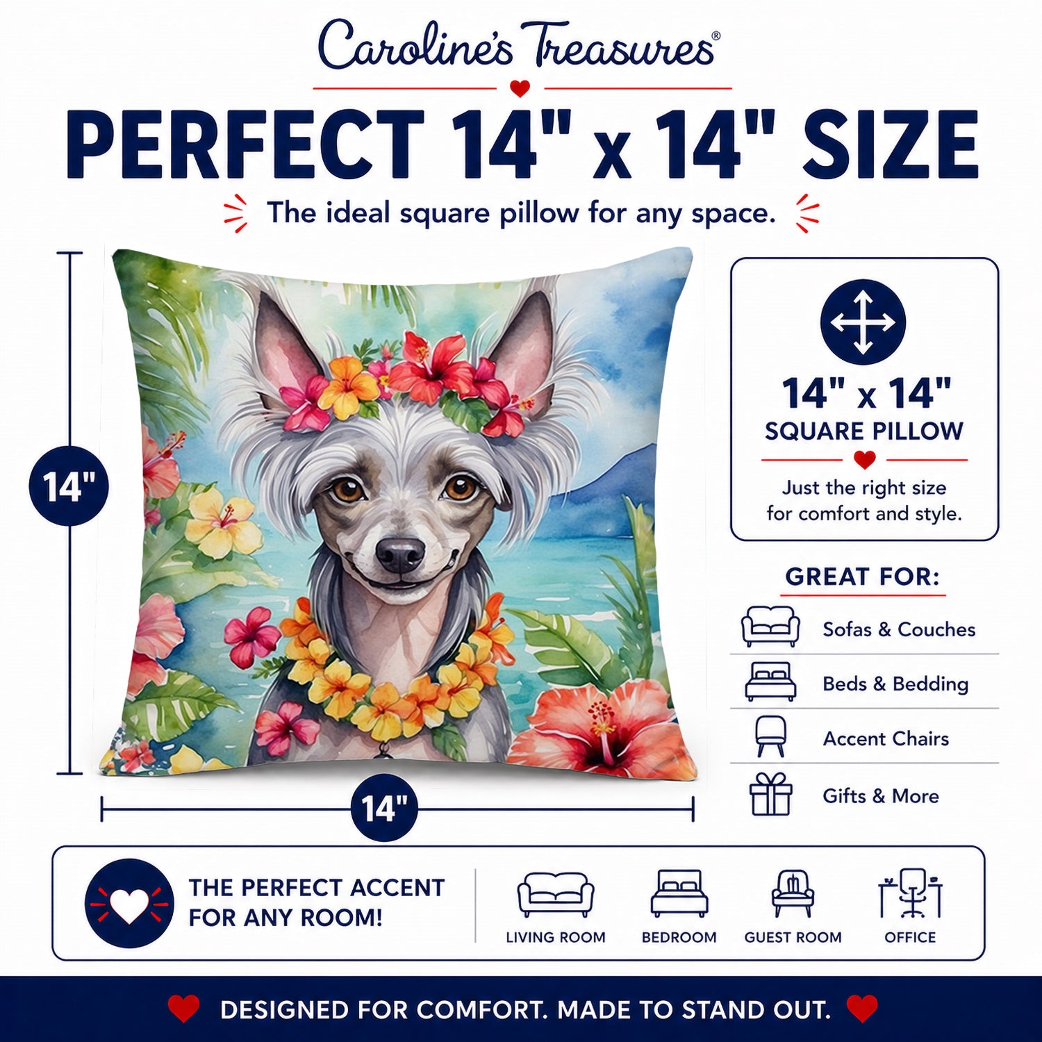 Chinese Crested Luau Decorative Throw Pillow 14x14 Indoor Outdoor Accent Cushion, Fabric Cover with Insert for Sofa, Bed, Porch & Living Room