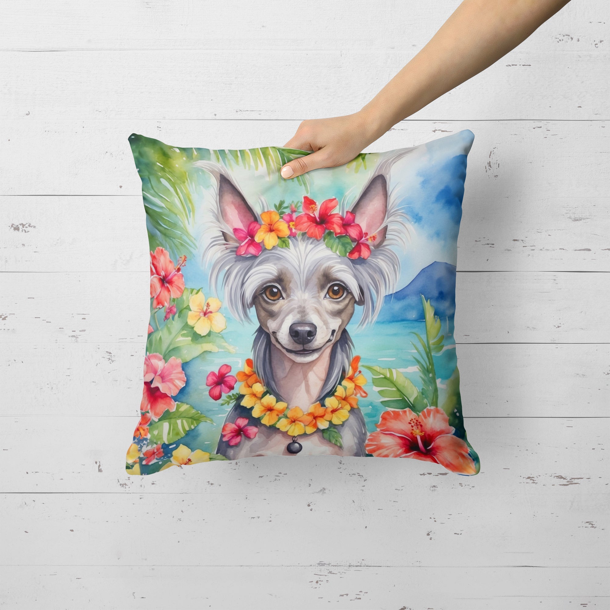 Chinese Crested Luau Decorative Throw Pillow 18x18 Indoor Outdoor Accent Cushion, Fabric Cover with Insert for Sofa, Bed, Porch & Living Room
