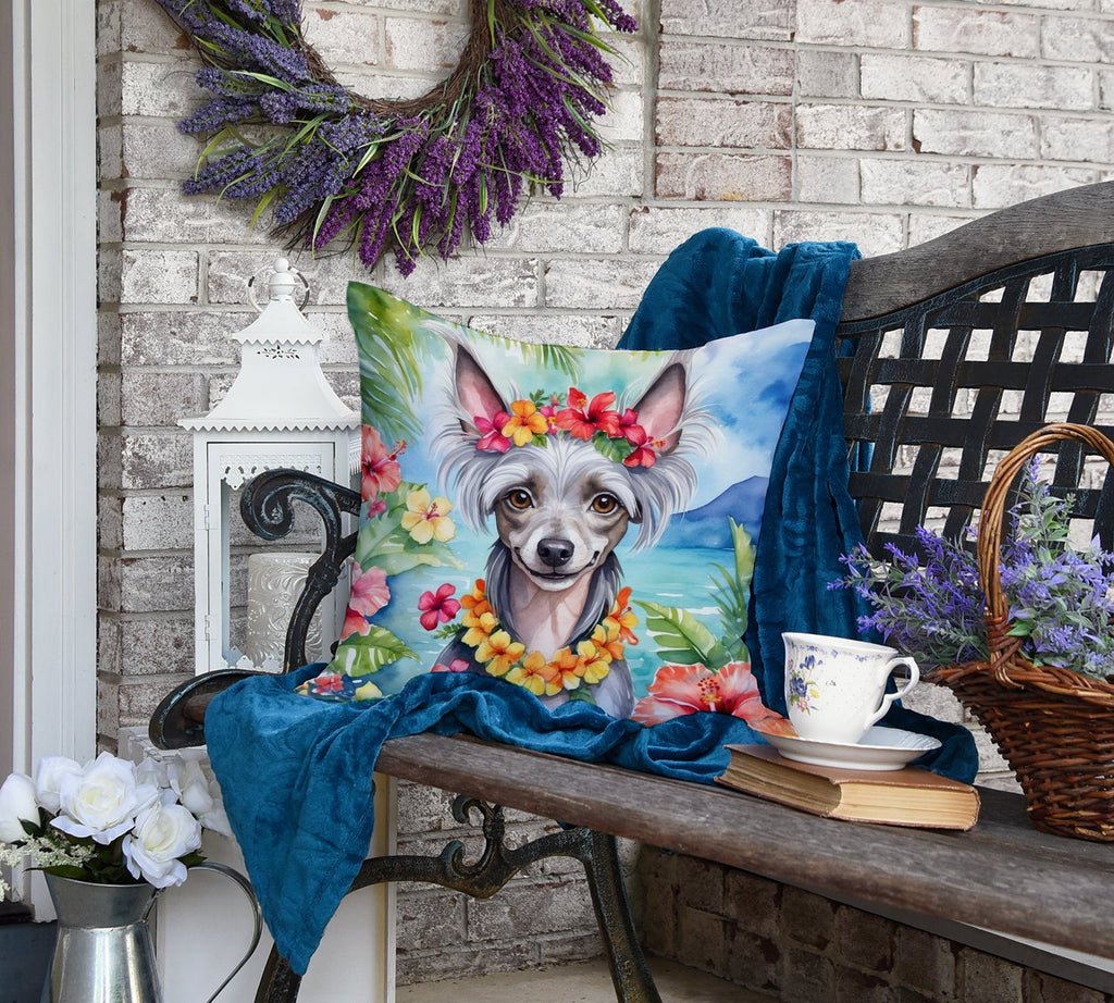 Chinese Crested Luau Decorative Throw Pillow 18x18 Indoor Outdoor Accent Cushion, Fabric Cover with Insert for Sofa, Bed, Porch & Living Room
