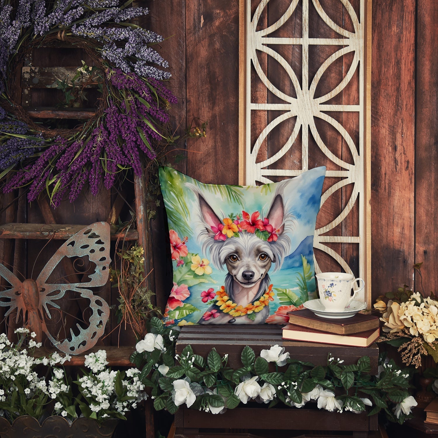 Chinese Crested Luau Decorative Throw Pillow 18x18 Indoor Outdoor Accent Cushion, Fabric Cover with Insert for Sofa, Bed, Porch & Living Room