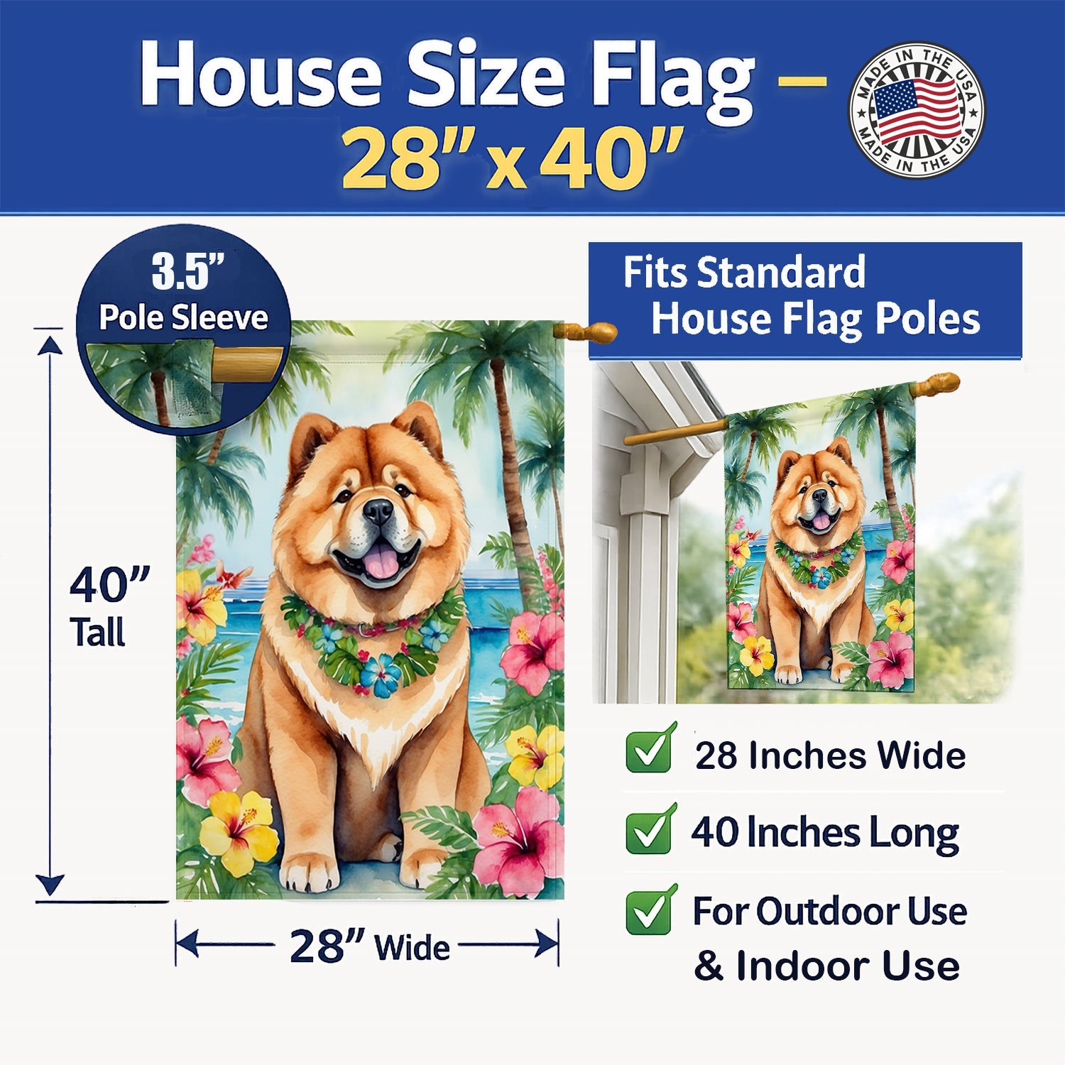 Chow Chow Luau House Flag 28x40 Porch Sleeve Pole Decorative Outside Yard Banner Artwork Wall Hanging, Polyester