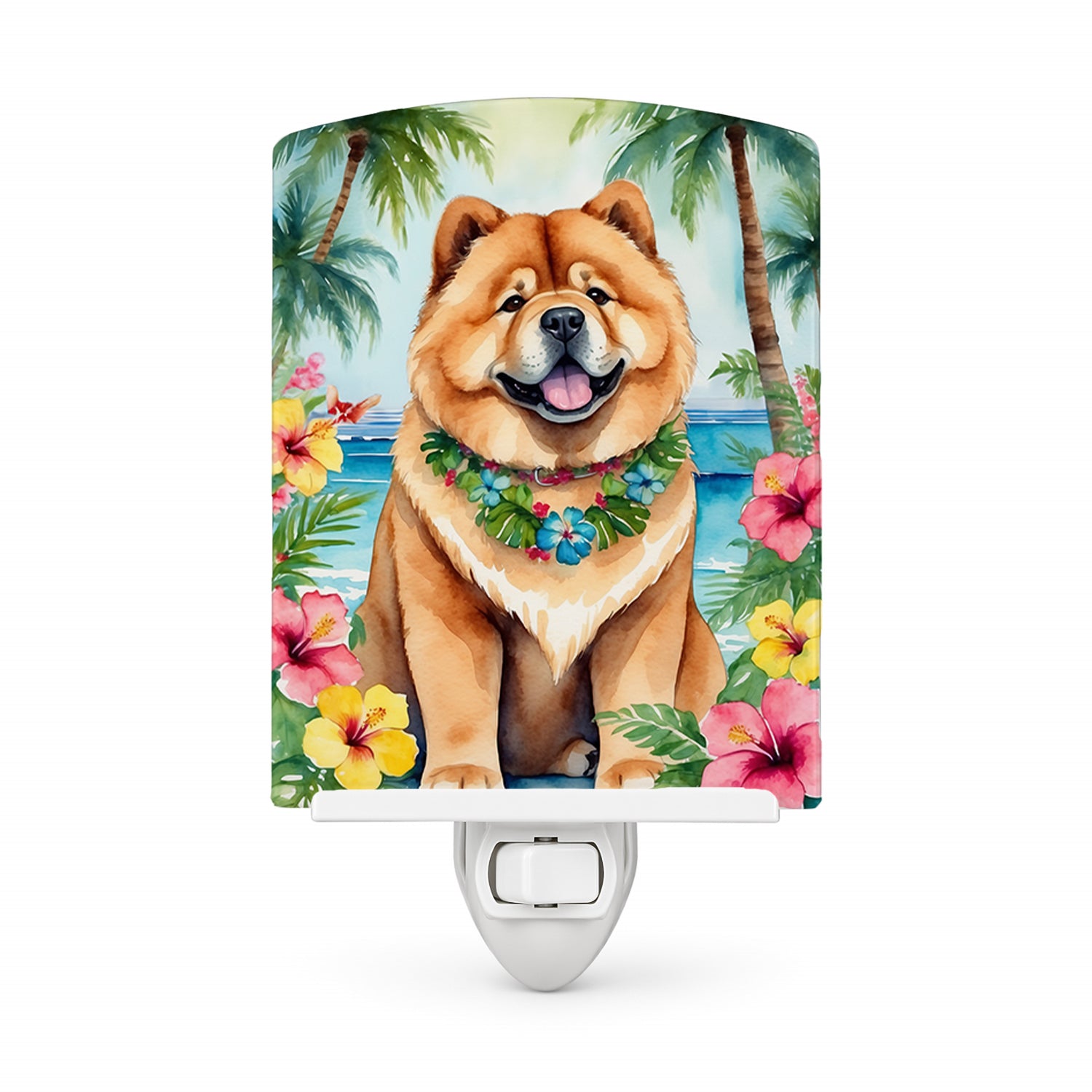 Chow Chow Luau Ceramic Night Light Compact, UL-Certified, Ideal for Bedroom, Bathroom, Nursery, Hallway, Kitchen, 6x4x3, Multicolor