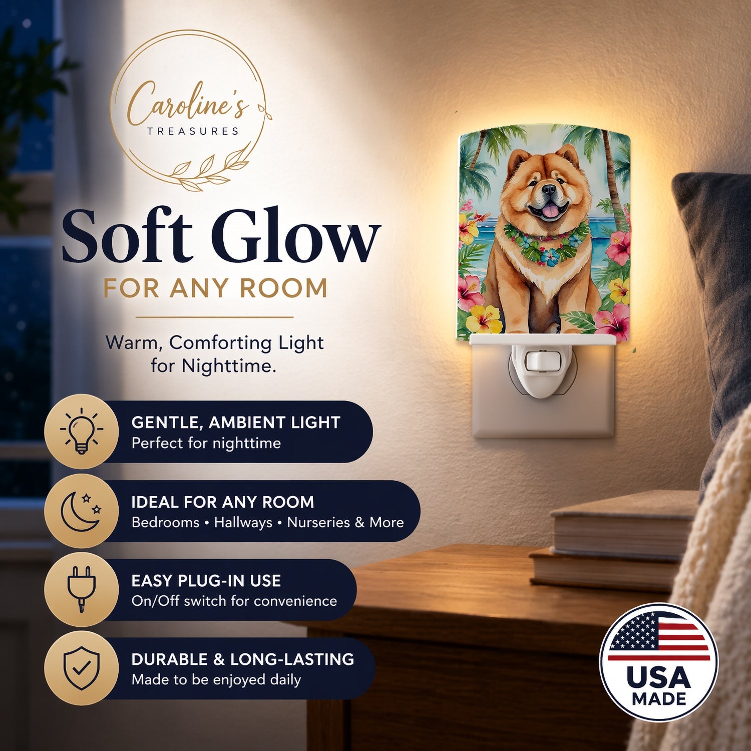 Chow Chow Luau Ceramic Night Light Compact, UL-Certified, Ideal for Bedroom, Bathroom, Nursery, Hallway, Kitchen, 6x4x3, Multicolor