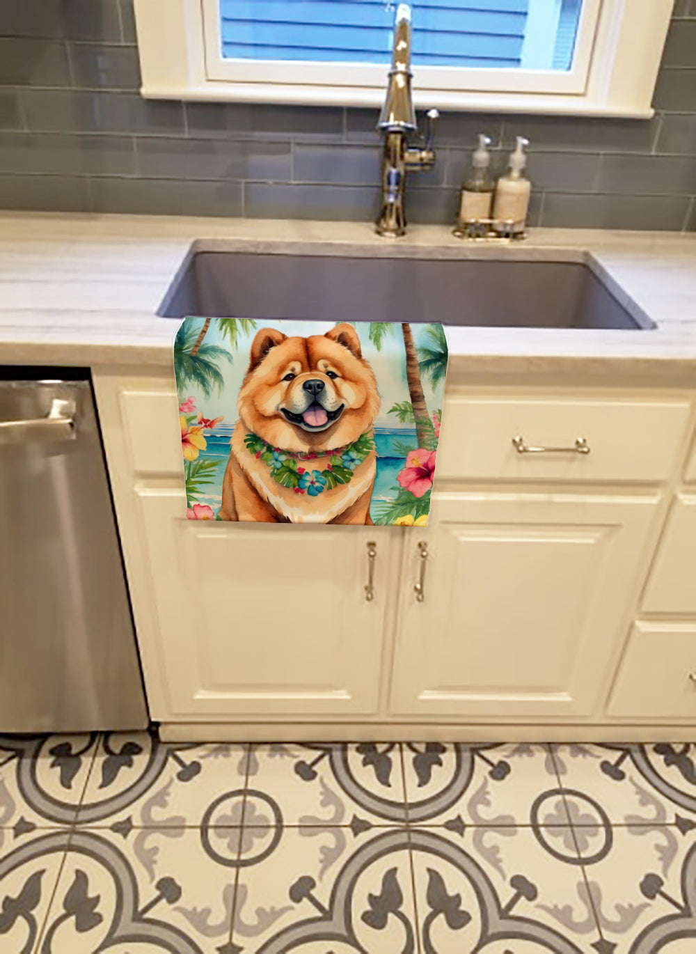 Chow Chow Luau Kitchen Towel Velour Plush Front and Cotton Loop Back Machine Washable