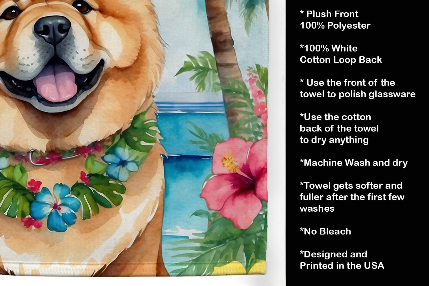 Chow Chow Luau Kitchen Towel Velour Plush Front and Cotton Loop Back Machine Washable