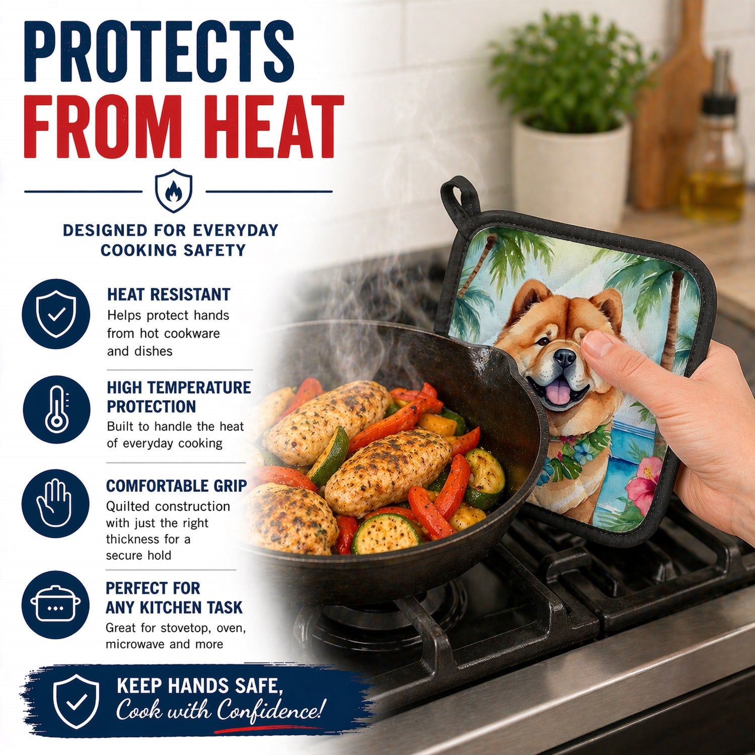 Chow Chow Luau Pot Holder Set of 2 Heat Resistant Quilted Hot Pads 7.5 x 7.5 Inch, Insulated Kitchen Trivets for Cooking & Baking