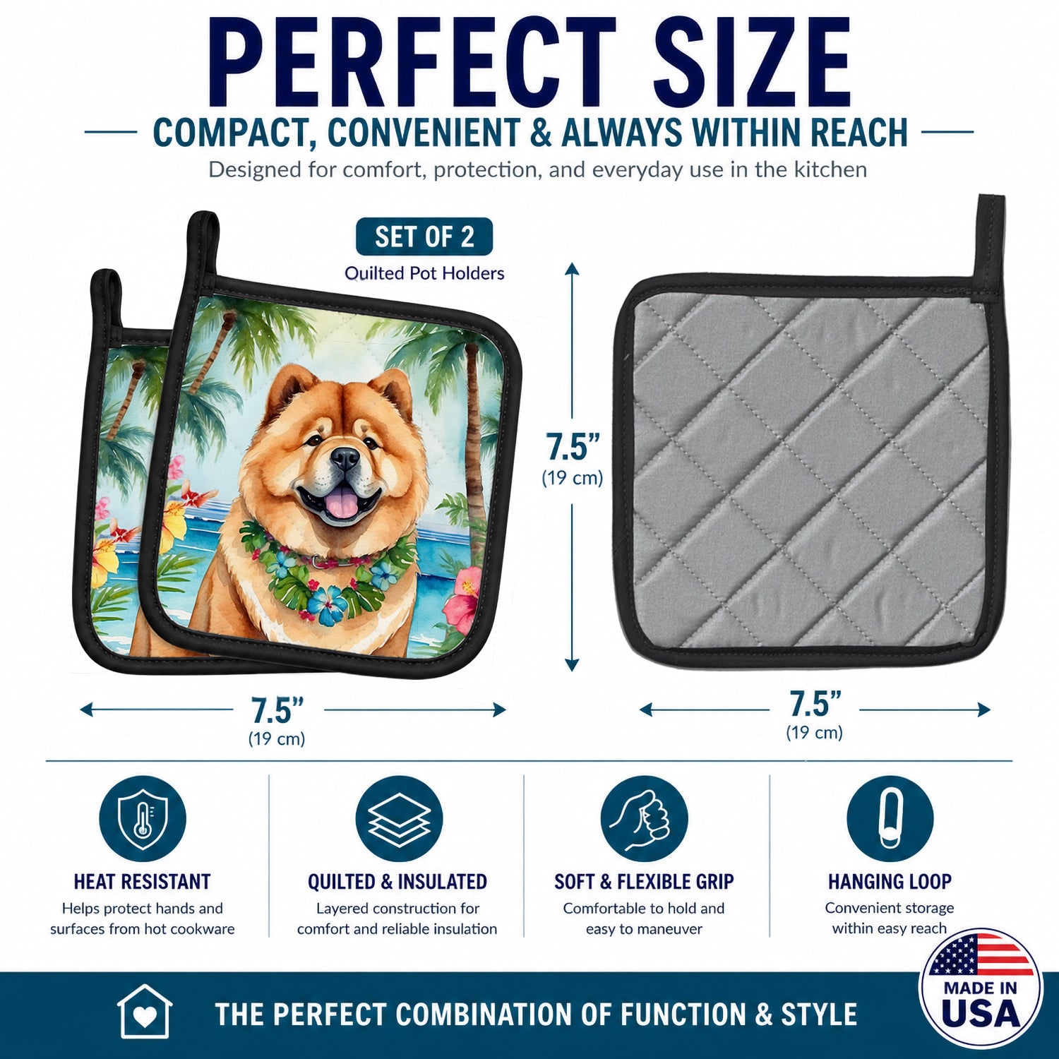 Chow Chow Luau Pot Holder Set of 2 Heat Resistant Quilted Hot Pads 7.5 x 7.5 Inch, Insulated Kitchen Trivets for Cooking & Baking