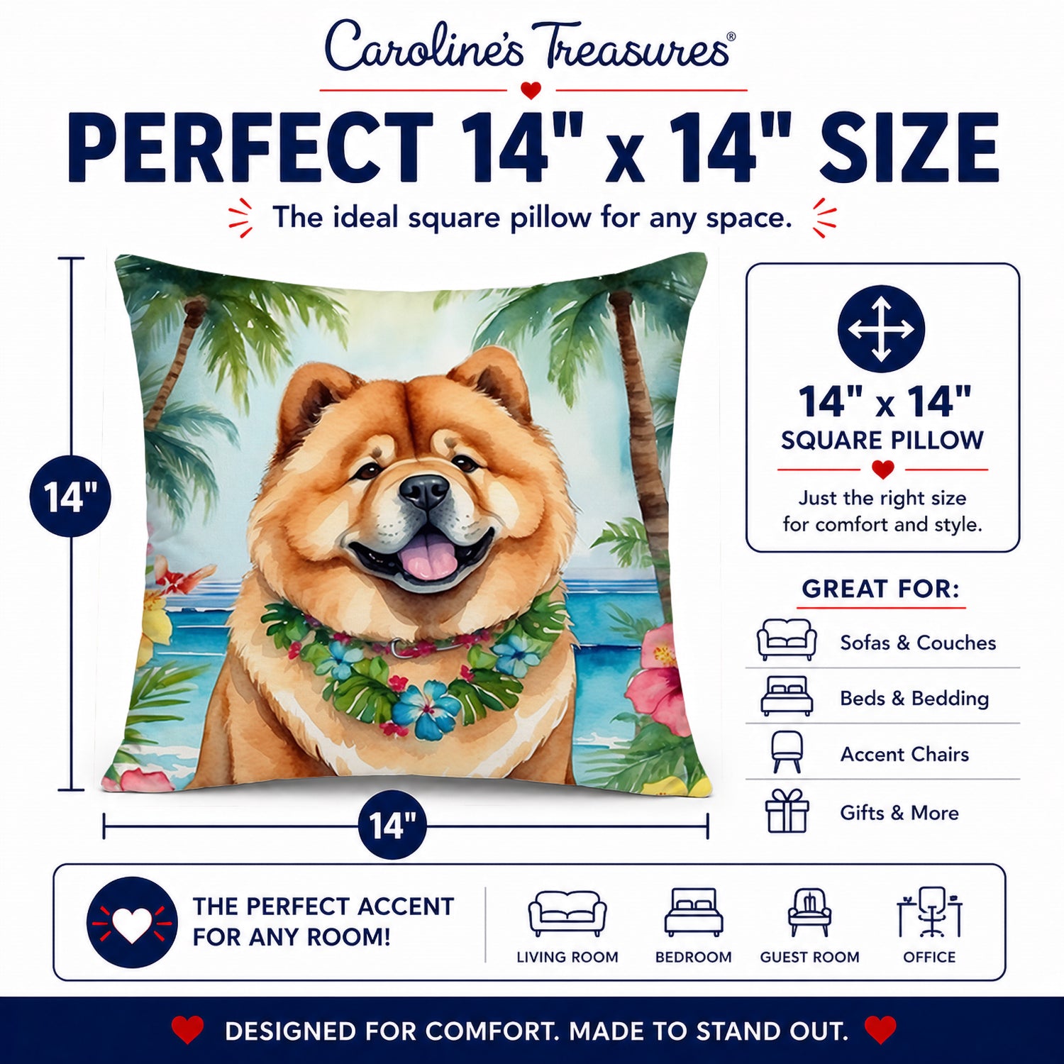 Chow Chow Luau Decorative Throw Pillow 14x14 Indoor Outdoor Accent Cushion, Fabric Cover with Insert for Sofa, Bed, Porch & Living Room