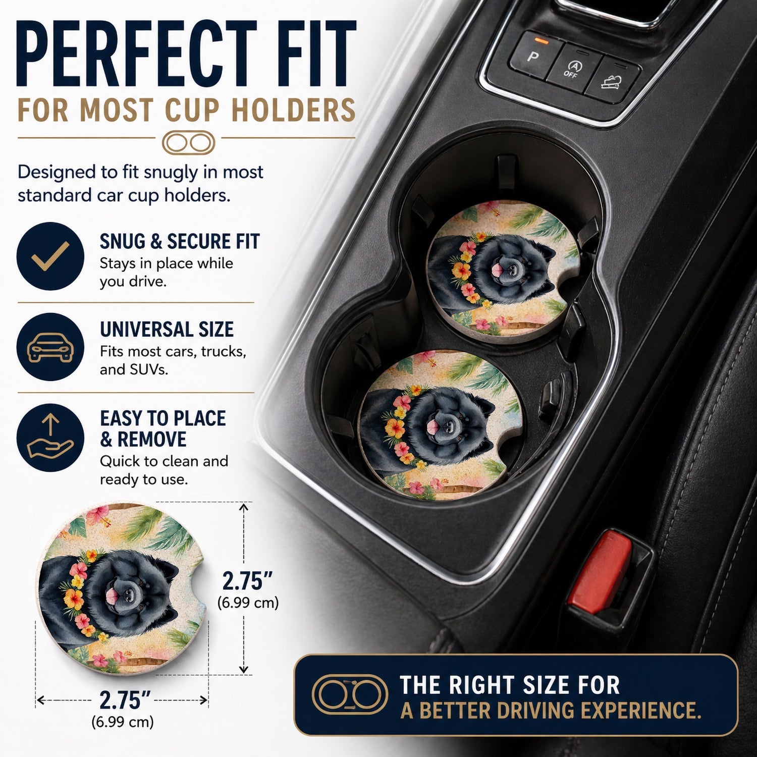 Chow Chow Luau Set of 2 Cup Holder Car Coasters Absorbent Round Sandstone Coasters Gifts for Men or Women, 2.5, Multicolor
