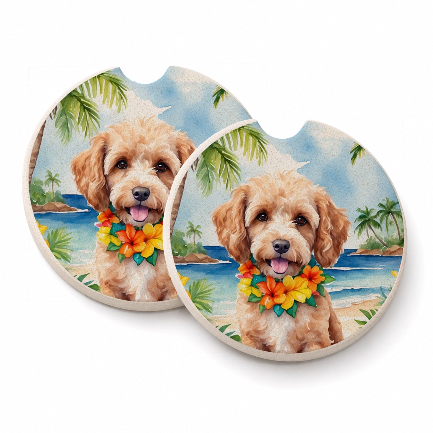 Cockapoo Luau Set of 2 Cup Holder Car Coasters Absorbent Round Sandstone Coasters Gifts for Men or Women, 2.5, Multicolor