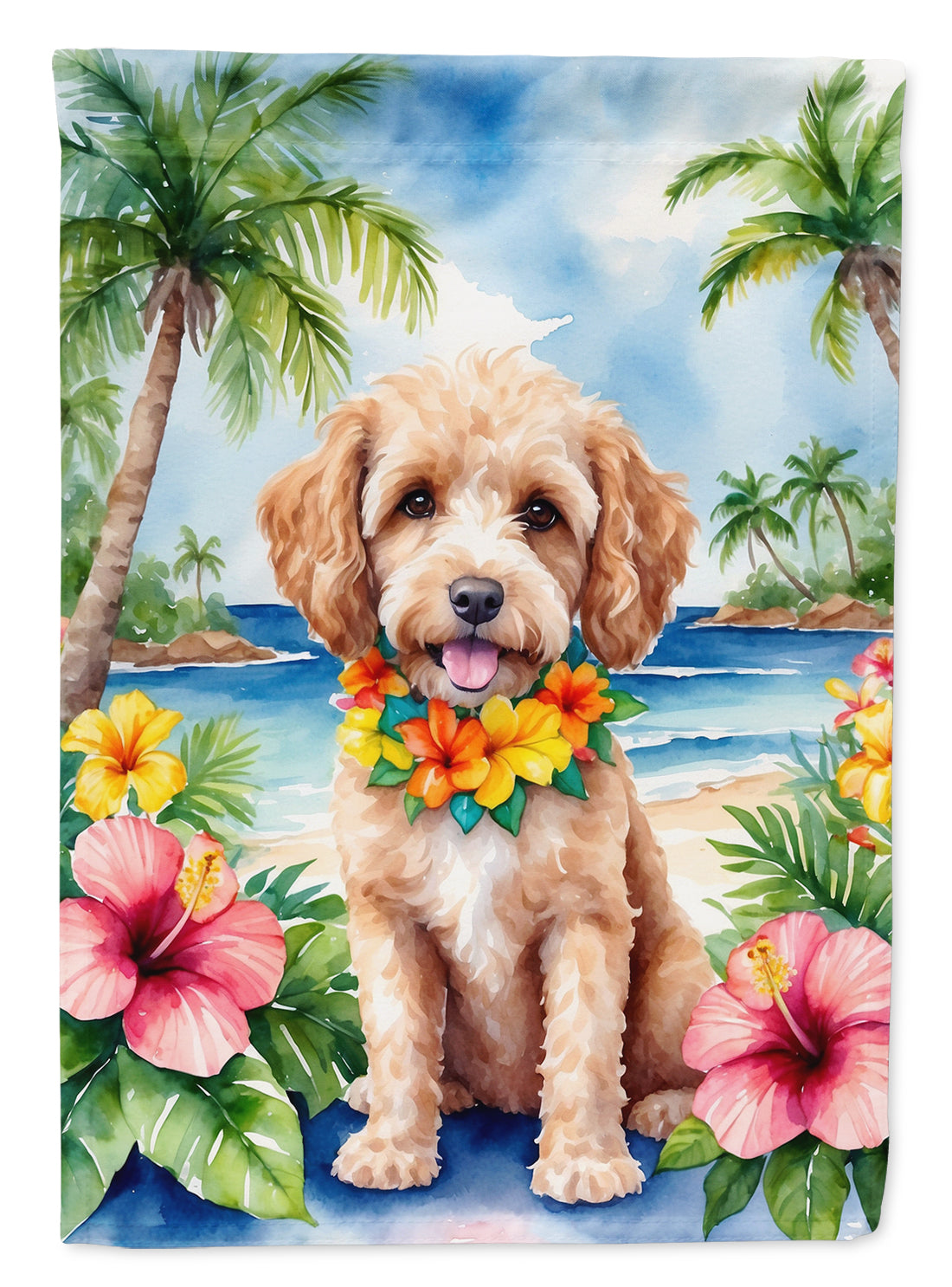 Cockapoo Luau House Flag 28x40 Porch Sleeve Pole Decorative Outside Yard Banner Artwork Wall Hanging, Polyester