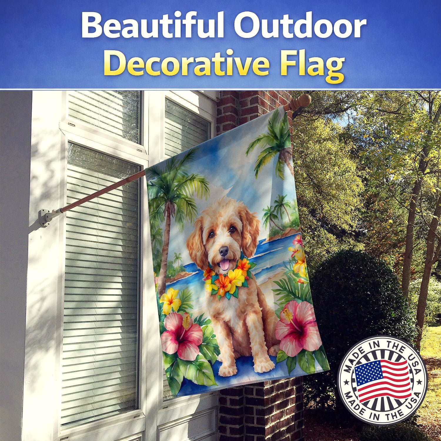 Cockapoo Luau House Flag 28x40 Porch Sleeve Pole Decorative Outside Yard Banner Artwork Wall Hanging, Polyester