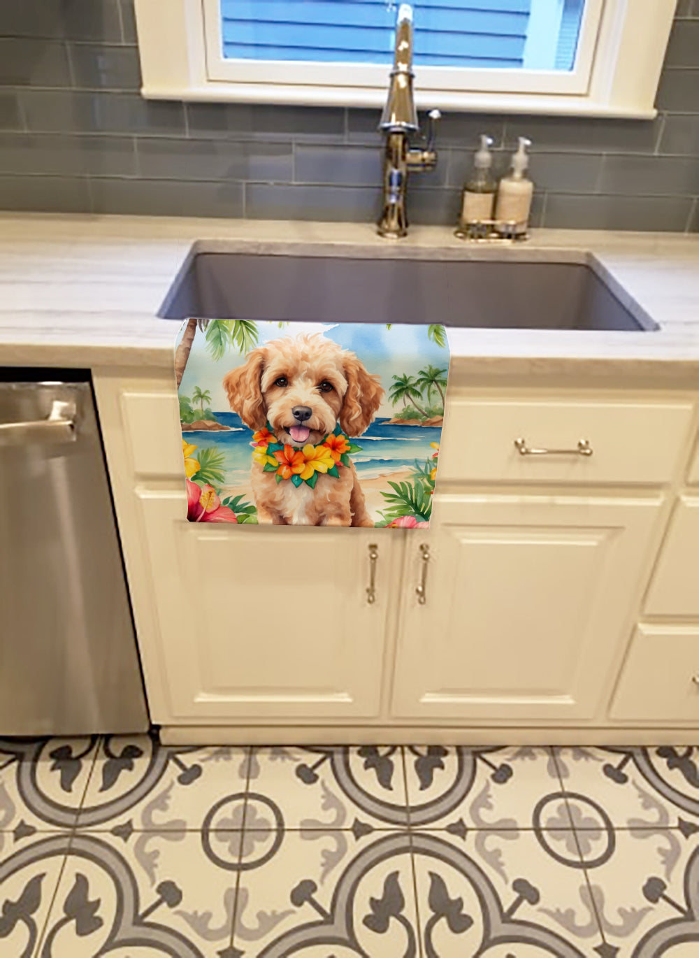 Cockapoo Luau Kitchen Towel Velour Plush Front and Cotton Loop Back Machine Washable