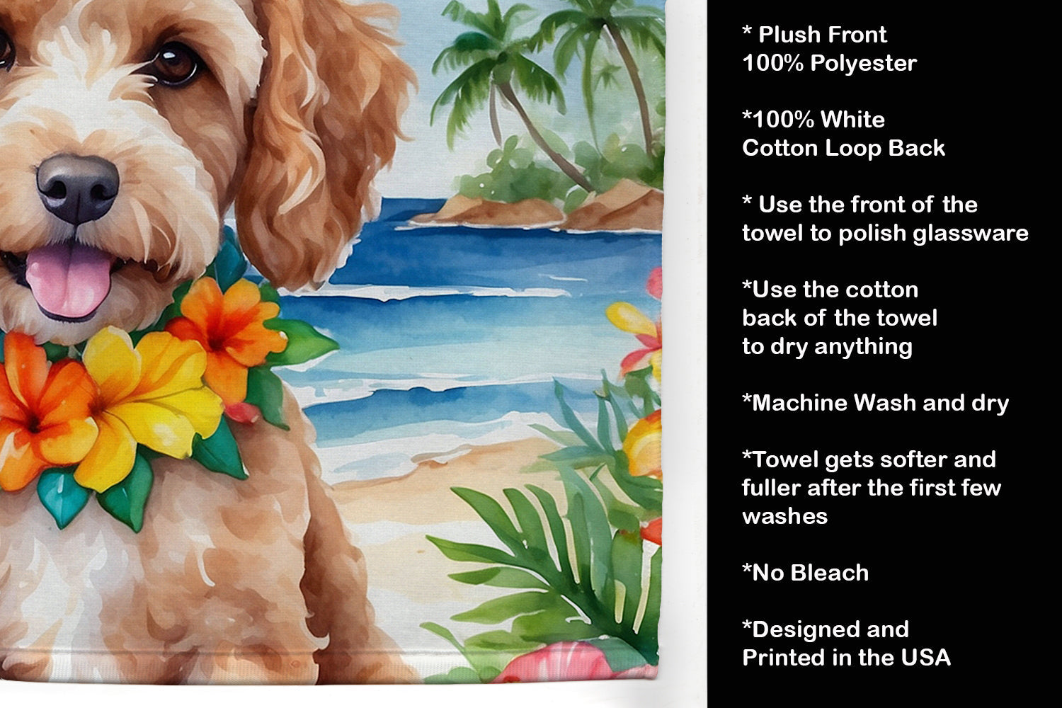 Cockapoo Luau Kitchen Towel Velour Plush Front and Cotton Loop Back Machine Washable