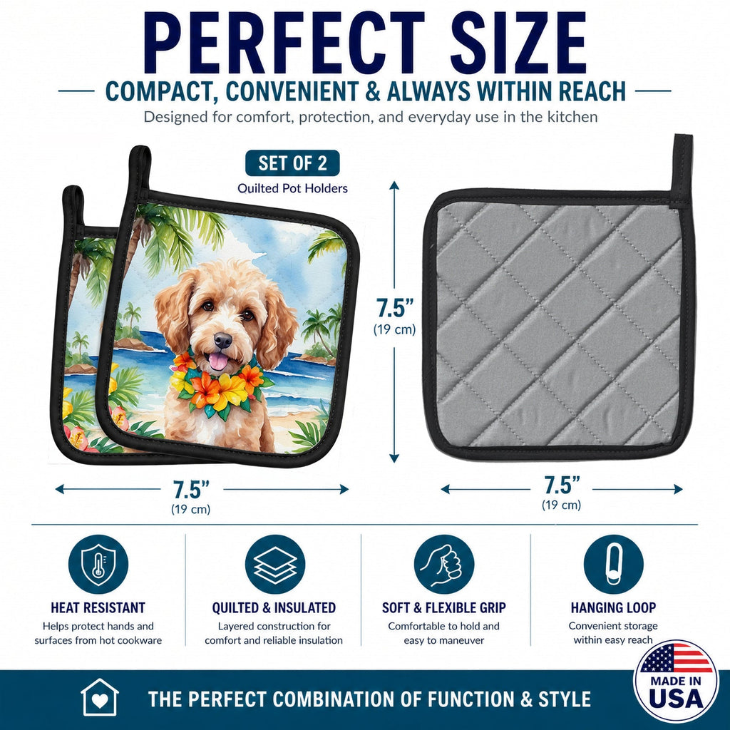 Cockapoo Luau Pot Holder Set of 2 Heat Resistant Quilted Hot Pads 7.5 x 7.5 Inch, Insulated Kitchen Trivets for Cooking & Baking