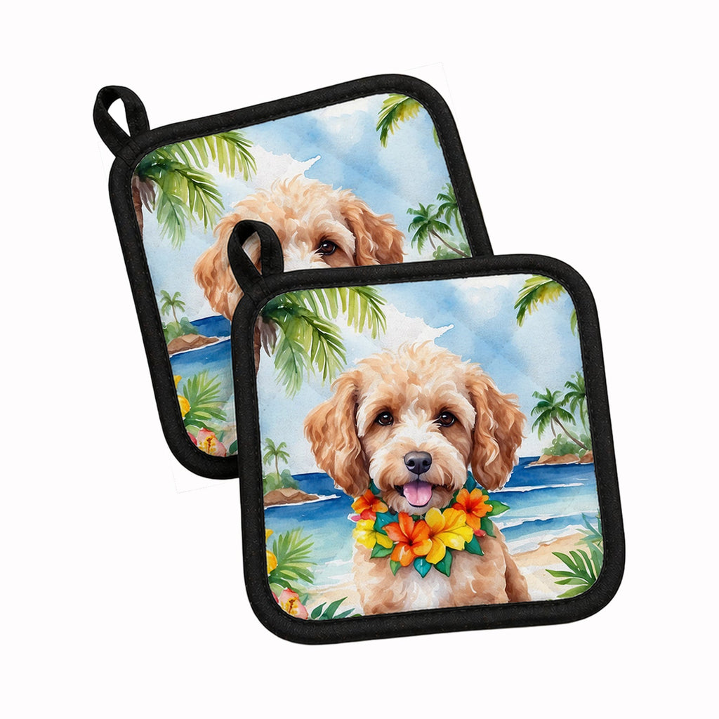 Cockapoo Luau Pot Holder Set of 2 Heat Resistant Quilted Hot Pads 7.5 x 7.5 Inch, Insulated Kitchen Trivets for Cooking & Baking