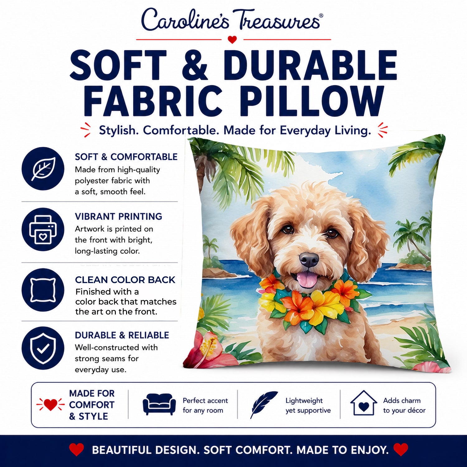 Cockapoo Luau Decorative Throw Pillow 14x14 Indoor Outdoor Accent Cushion, Fabric Cover with Insert for Sofa, Bed, Porch & Living Room