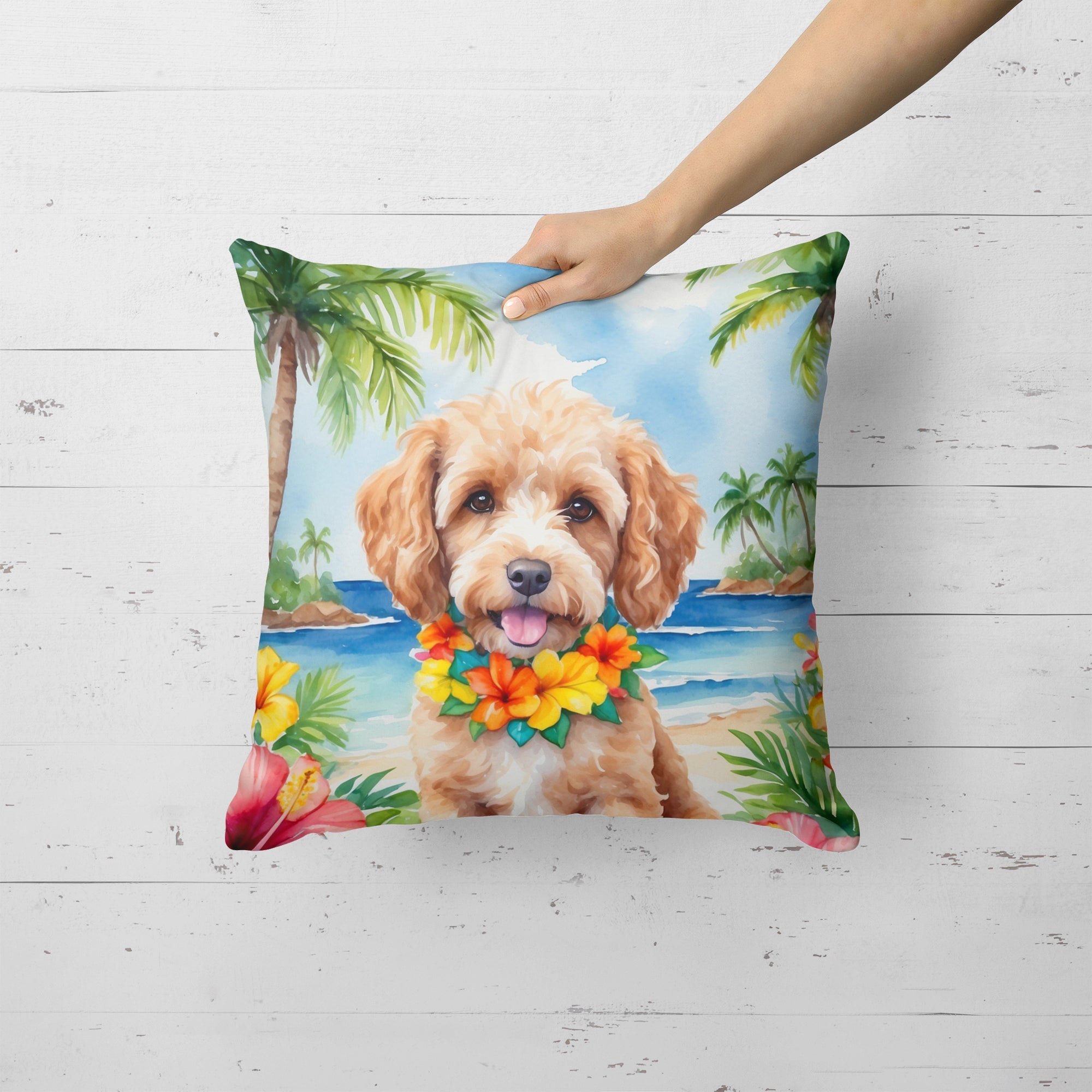 Cockapoo Luau Decorative Throw Pillow 18x18 Indoor Outdoor Accent Cushion, Fabric Cover with Insert for Sofa, Bed, Porch & Living Room
