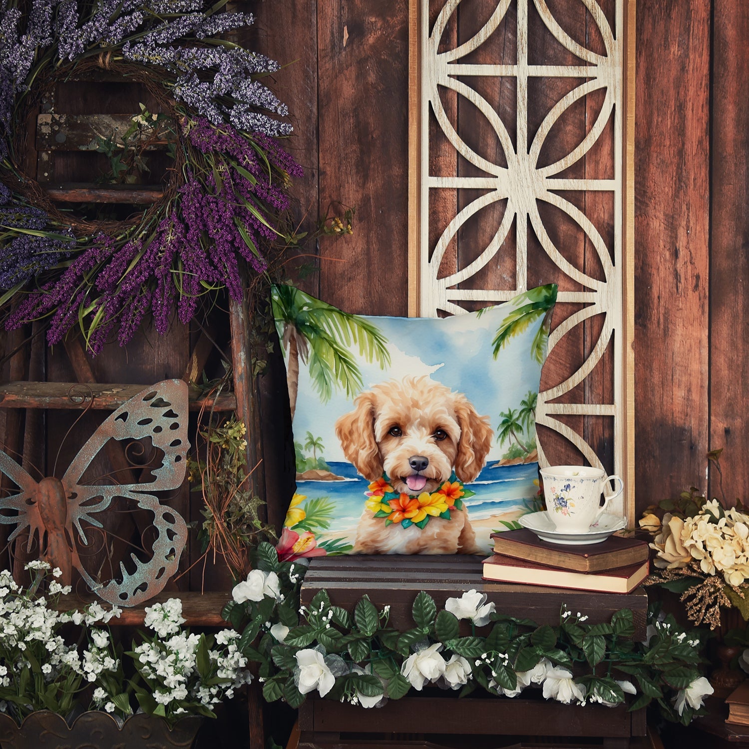 Cockapoo Luau Decorative Throw Pillow 18x18 Indoor Outdoor Accent Cushion, Fabric Cover with Insert for Sofa, Bed, Porch & Living Room