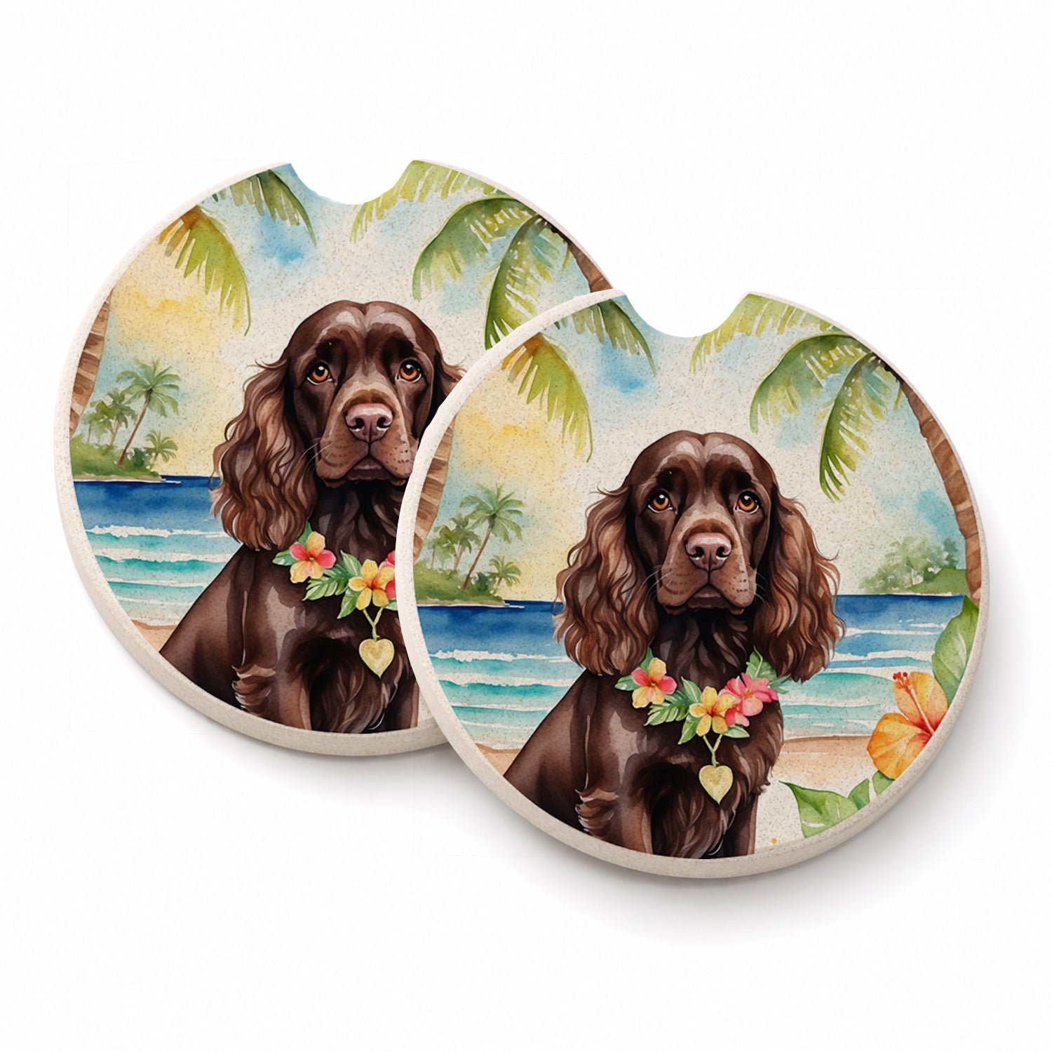 Cocker Spaniel Luau Set of 2 Cup Holder Car Coasters Absorbent Round Sandstone Coasters Gifts for Men or Women, 2.5, Multicolor