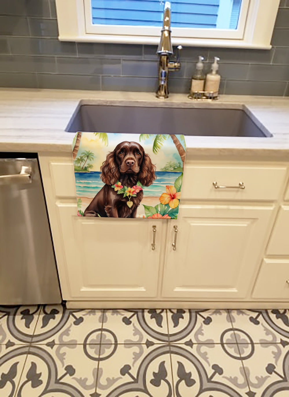 Cocker Spaniel Luau Kitchen Towel Velour Plush Front and Cotton Loop Back Machine Washable