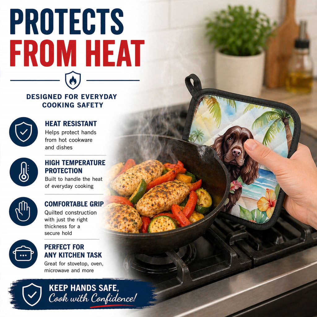 Cocker Spaniel Luau Pot Holder Set of 2 Heat Resistant Quilted Hot Pads 7.5 x 7.5 Inch, Insulated Kitchen Trivets for Cooking & Baking