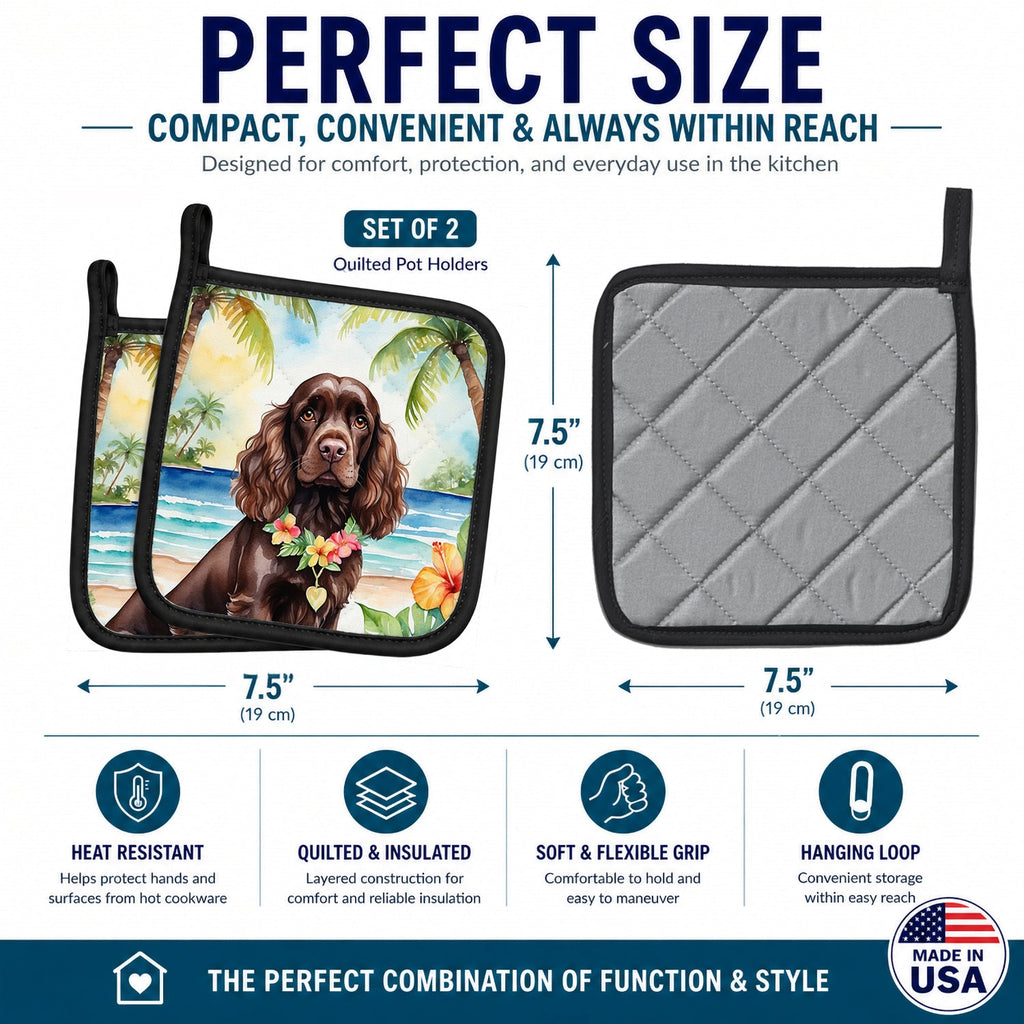 Cocker Spaniel Luau Pot Holder Set of 2 Heat Resistant Quilted Hot Pads 7.5 x 7.5 Inch, Insulated Kitchen Trivets for Cooking & Baking