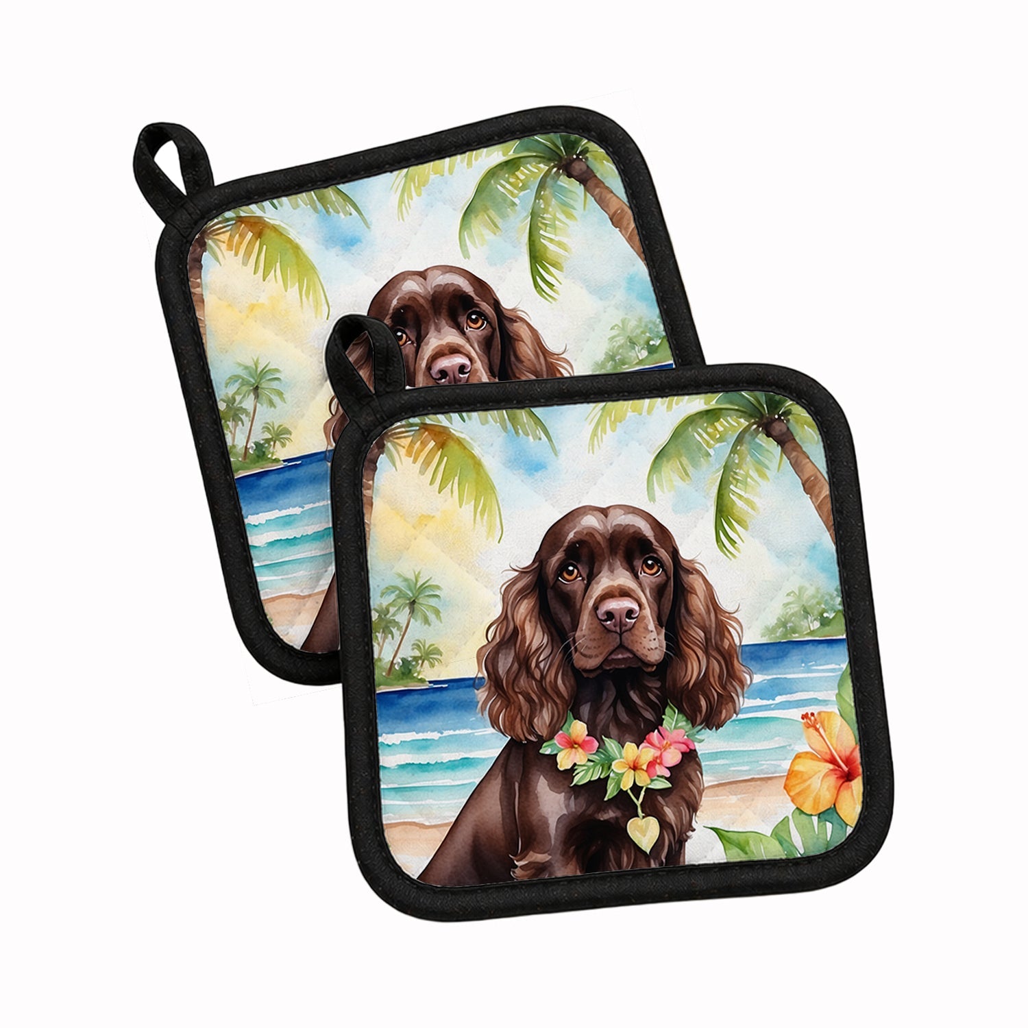 Cocker Spaniel Luau Pot Holder Set of 2 Heat Resistant Quilted Hot Pads 7.5 x 7.5 Inch, Insulated Kitchen Trivets for Cooking & Baking