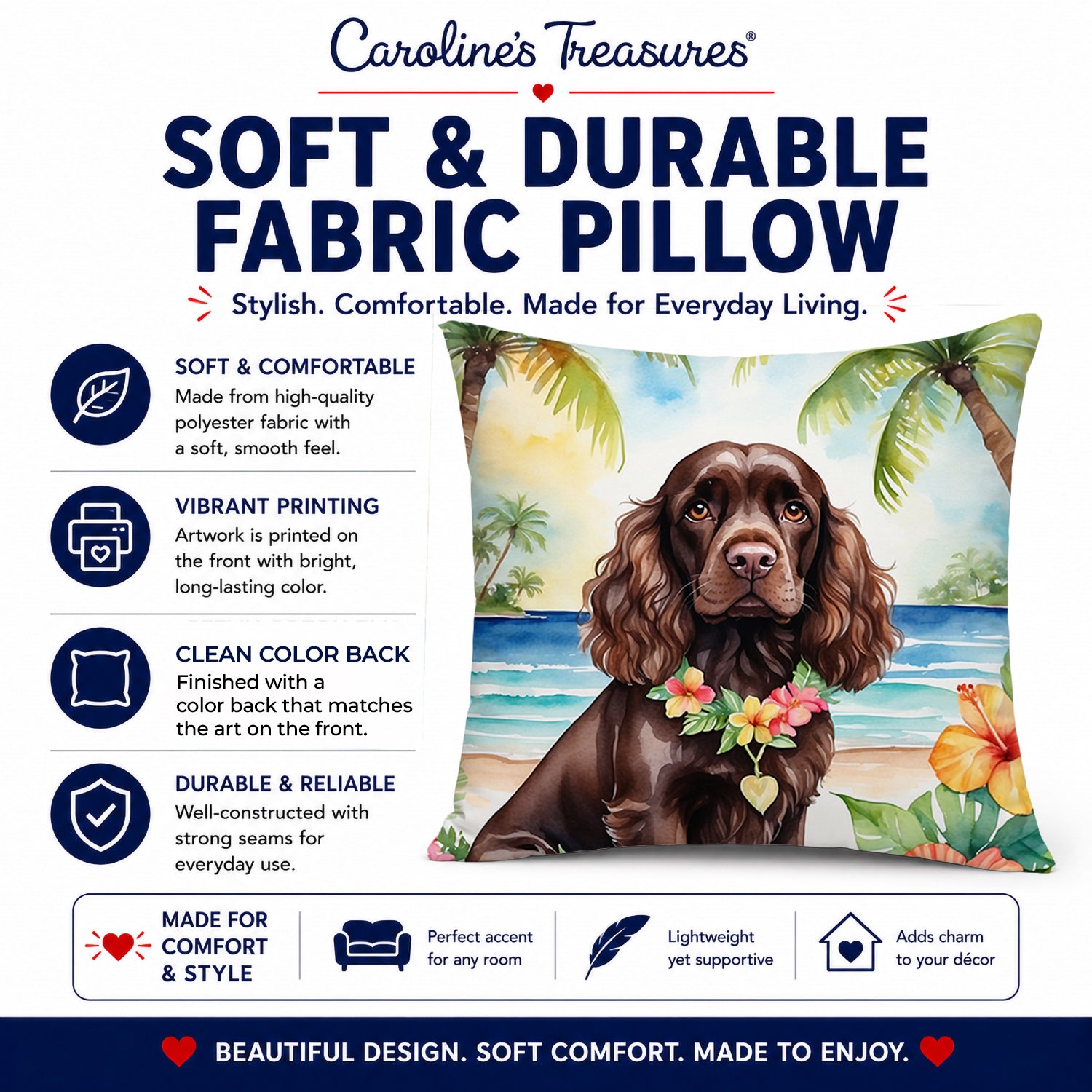 Cocker Spaniel Luau Decorative Throw Pillow 14x14 Indoor Outdoor Accent Cushion, Fabric Cover with Insert for Sofa, Bed, Porch & Living Room