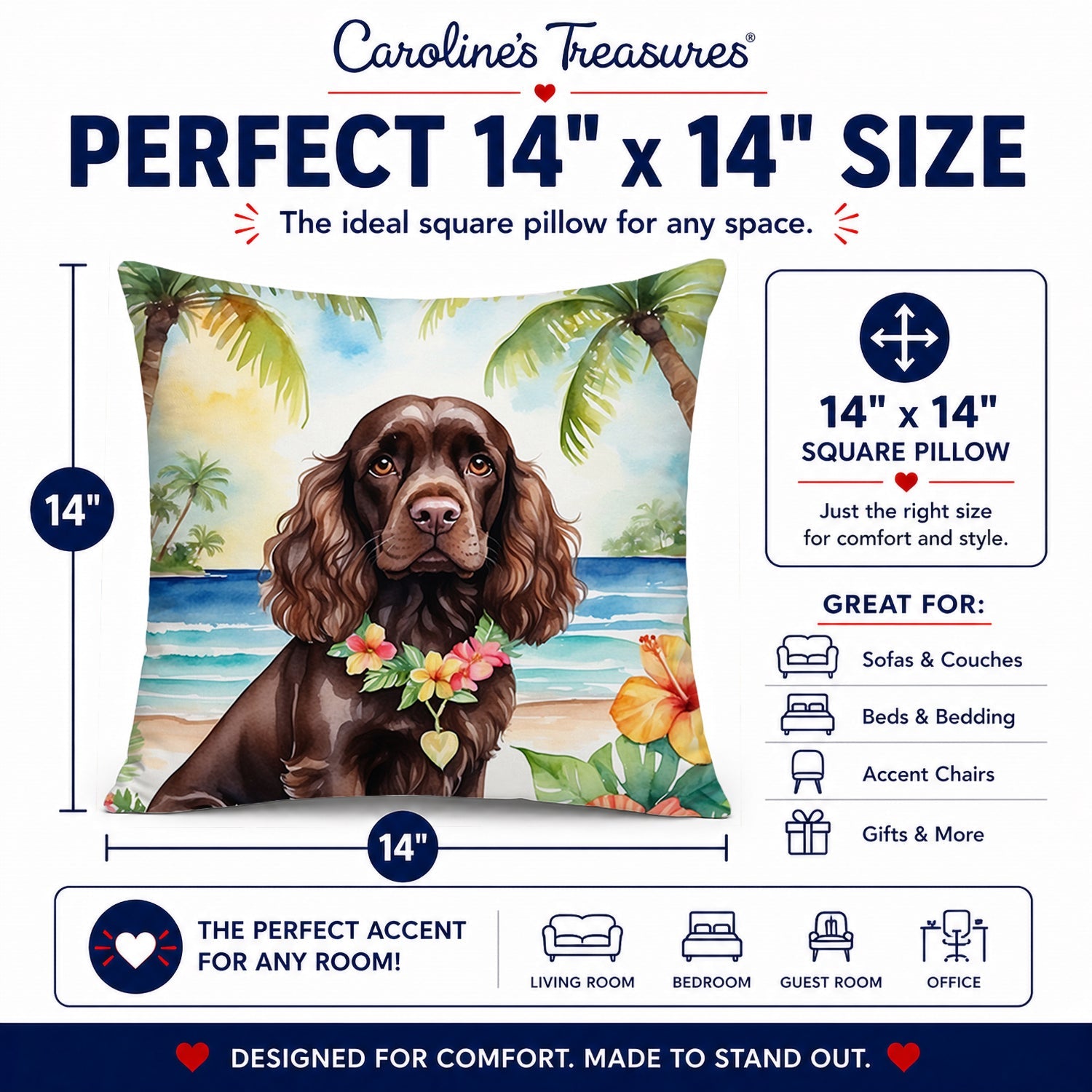 Cocker Spaniel Luau Decorative Throw Pillow 14x14 Indoor Outdoor Accent Cushion, Fabric Cover with Insert for Sofa, Bed, Porch & Living Room