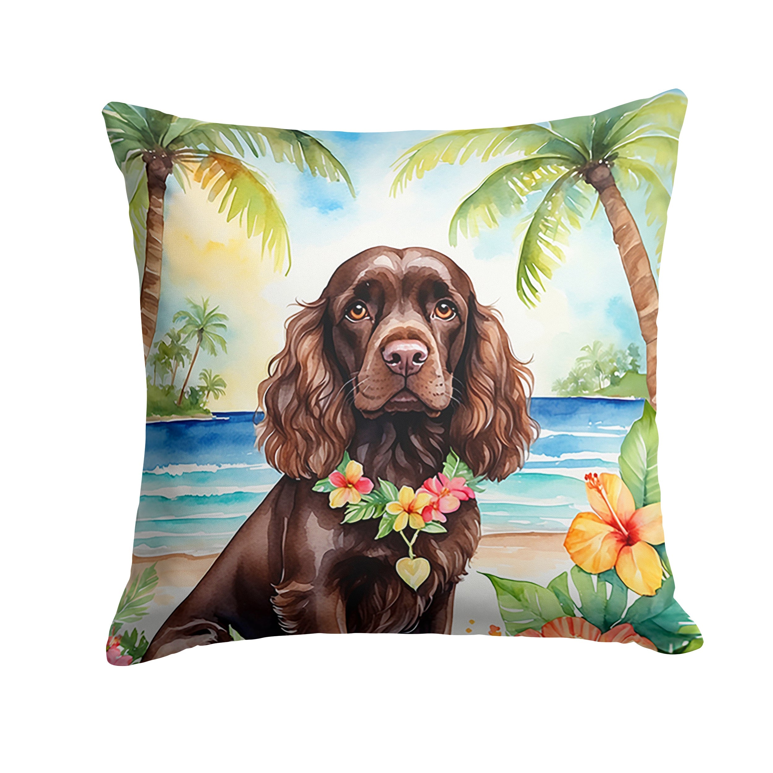 Cocker Spaniel Luau Decorative Throw Pillow 18x18 Indoor Outdoor Accent Cushion, Fabric Cover with Insert for Sofa, Bed, Porch & Living Room