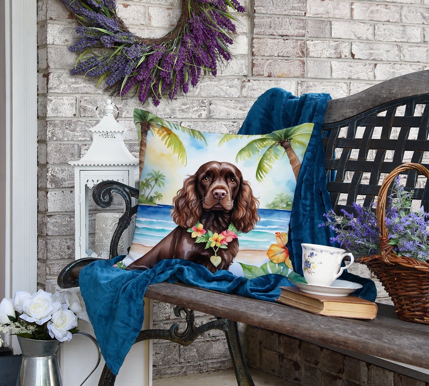 Cocker Spaniel Luau Decorative Throw Pillow 18x18 Indoor Outdoor Accent Cushion, Fabric Cover with Insert for Sofa, Bed, Porch & Living Room