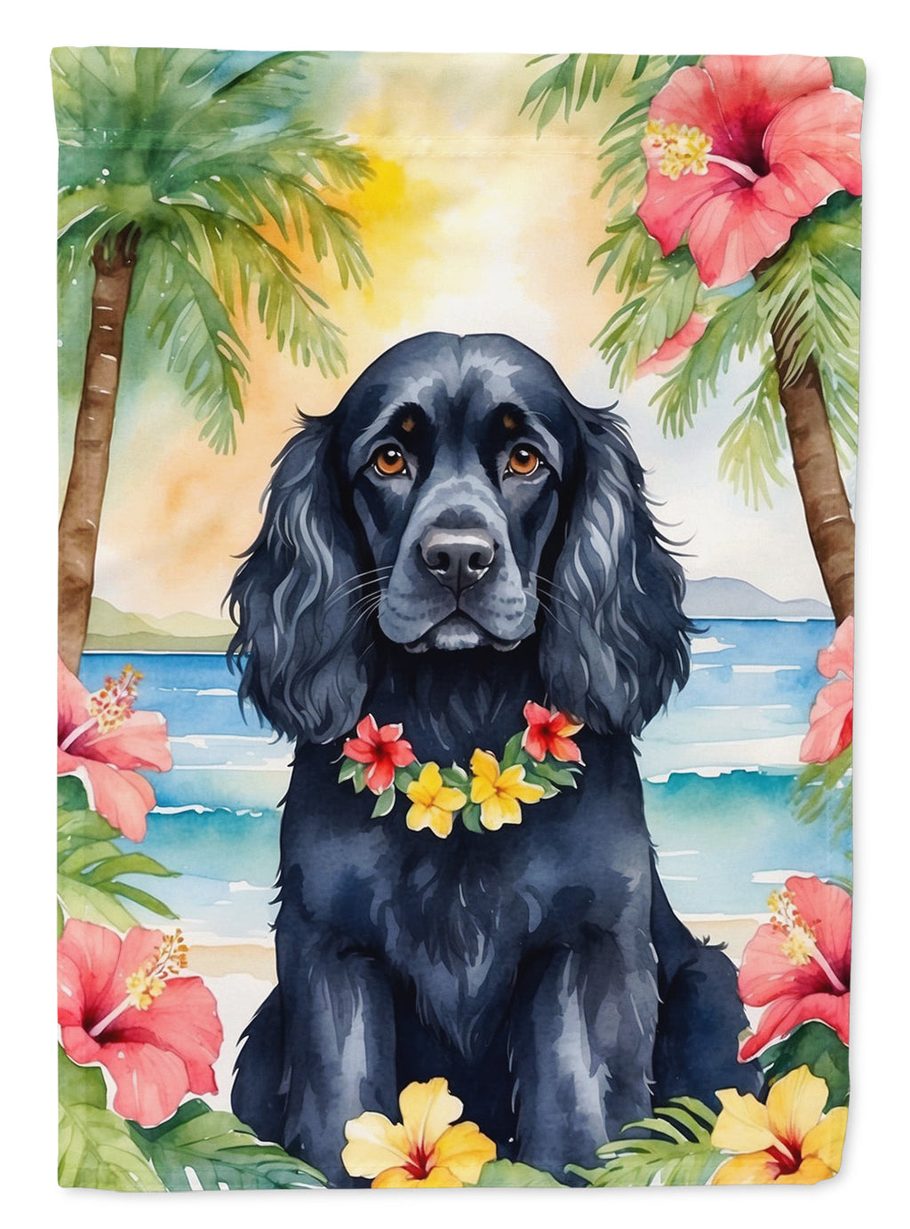 Cocker Spaniel Luau House Flag 28x40 Porch Sleeve Pole Decorative Outside Yard Banner Artwork Wall Hanging, Polyester