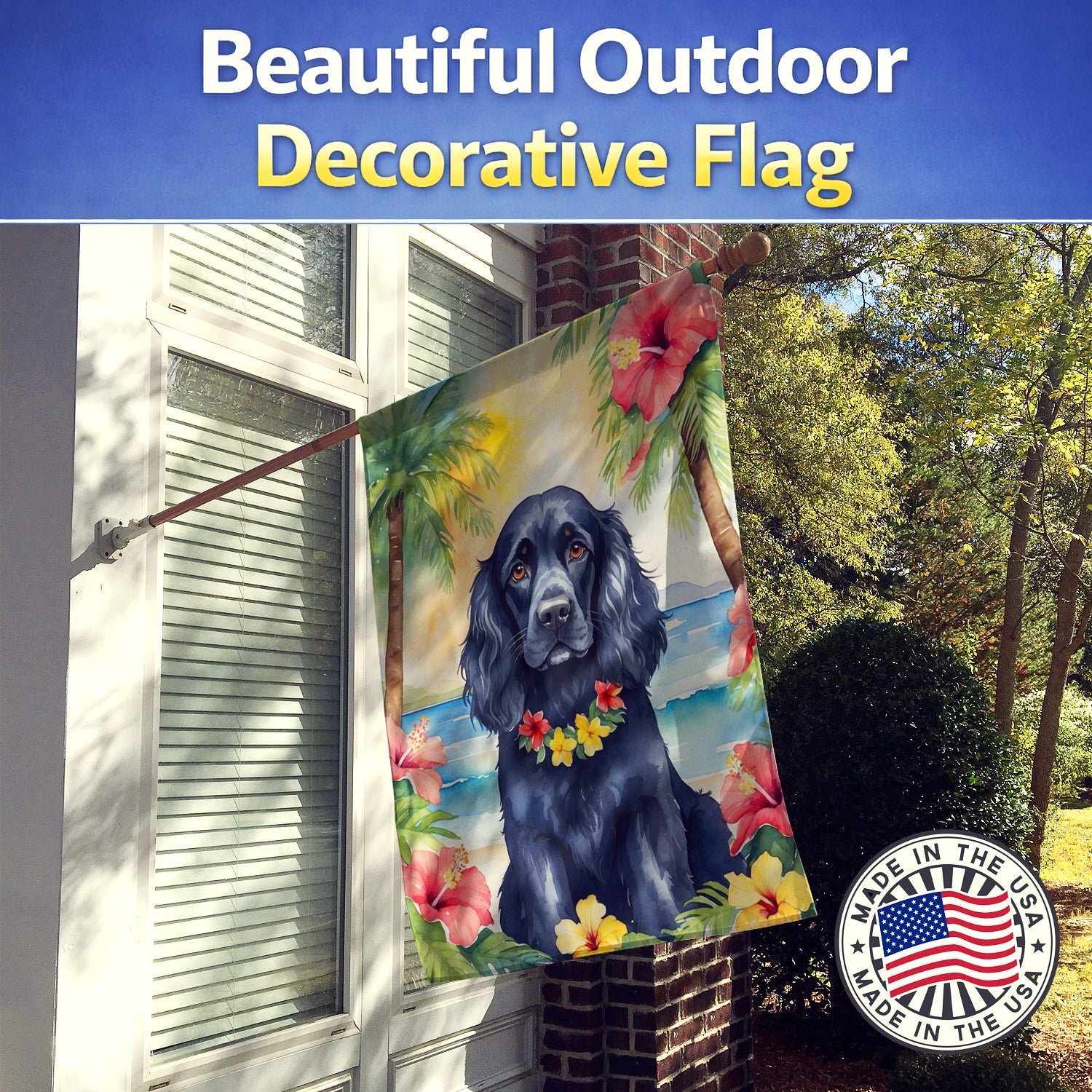 Cocker Spaniel Luau House Flag 28x40 Porch Sleeve Pole Decorative Outside Yard Banner Artwork Wall Hanging, Polyester