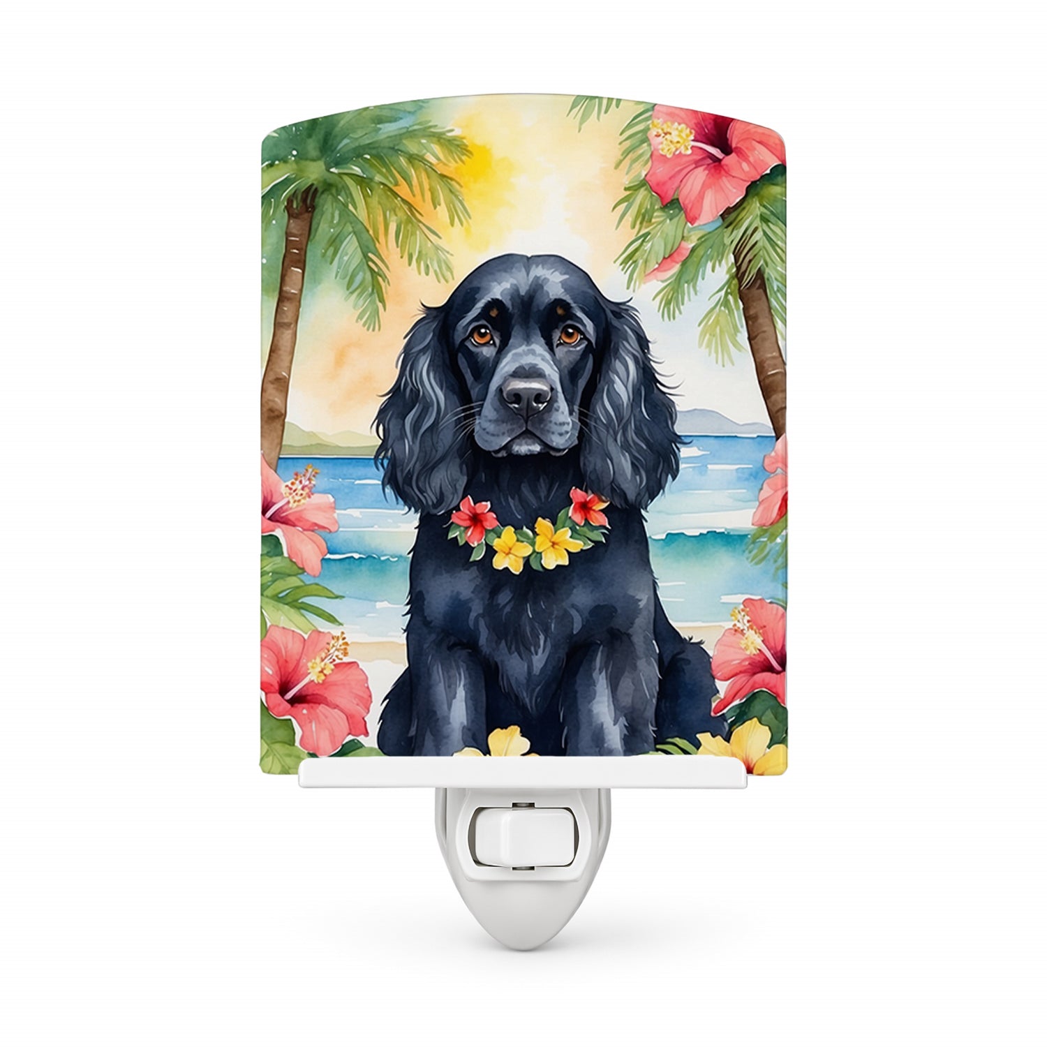 Cocker Spaniel Luau Ceramic Night Light Compact, UL-Certified, Ideal for Bedroom, Bathroom, Nursery, Hallway, Kitchen, 6x4x3, Multicolor