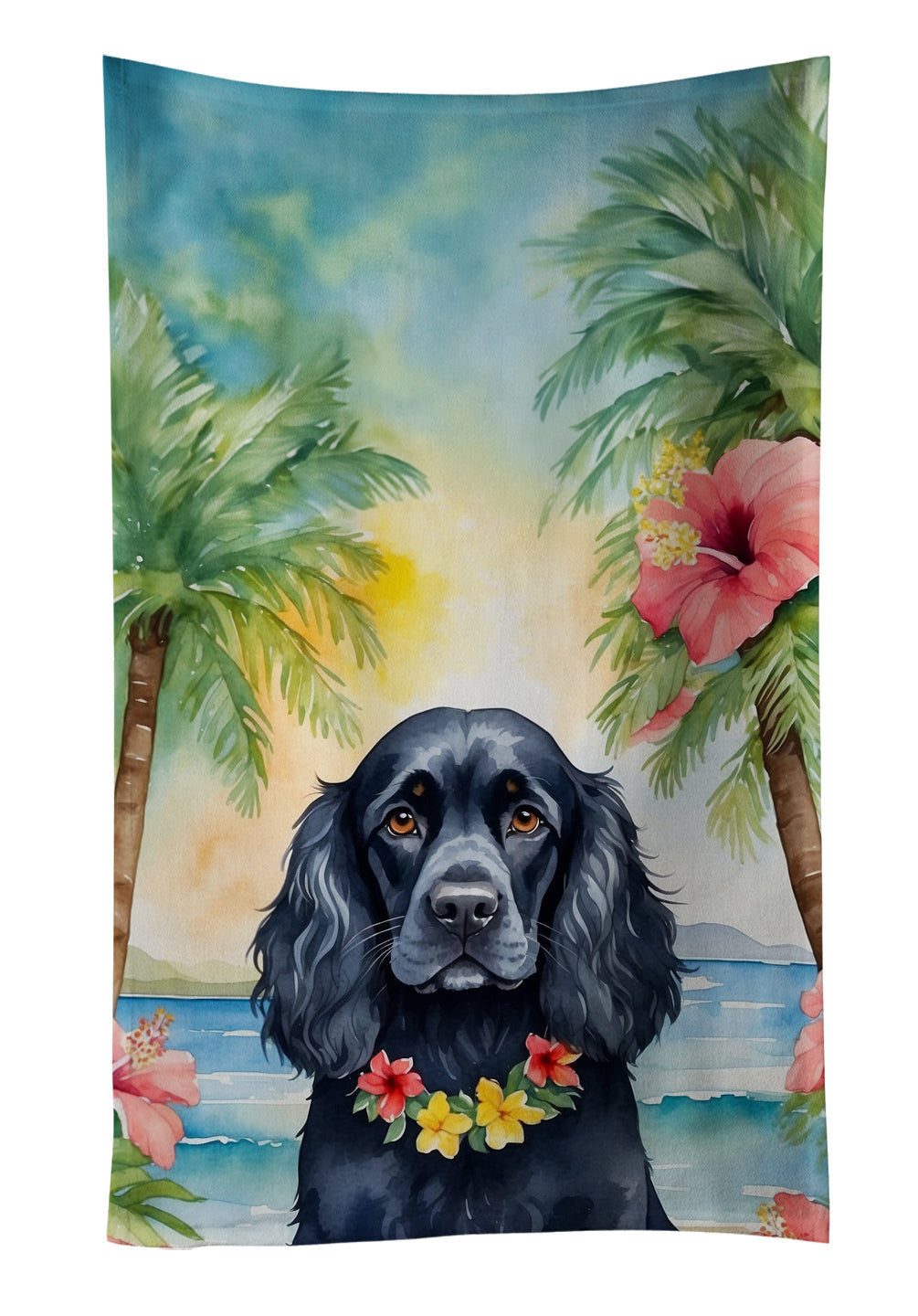 Cocker Spaniel Luau Kitchen Towel Velour Plush Front and Cotton Loop Back Machine Washable