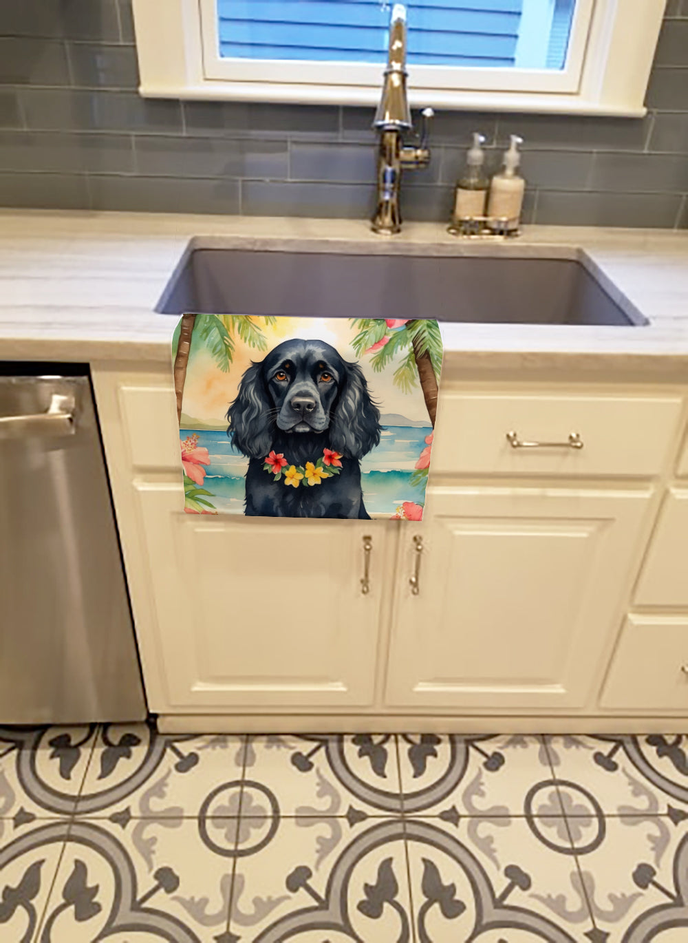Cocker Spaniel Luau Kitchen Towel Velour Plush Front and Cotton Loop Back Machine Washable