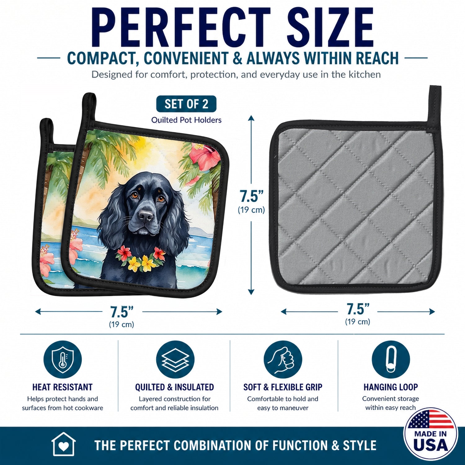Cocker Spaniel Luau Pot Holder Set of 2 Heat Resistant Quilted Hot Pads 7.5 x 7.5 Inch, Insulated Kitchen Trivets for Cooking & Baking