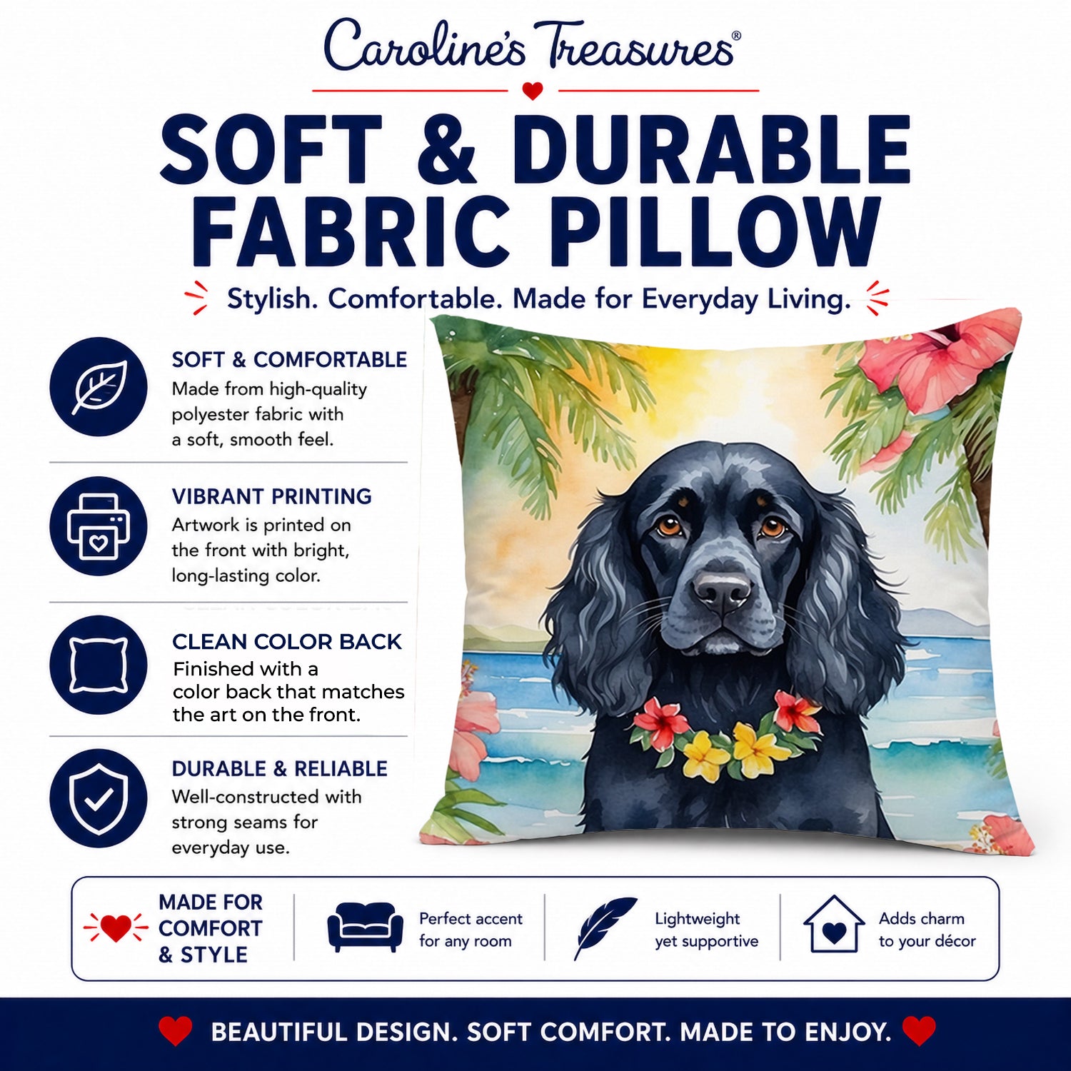 Cocker Spaniel Luau Decorative Throw Pillow 14x14 Indoor Outdoor Accent Cushion, Fabric Cover with Insert for Sofa, Bed, Porch & Living Room