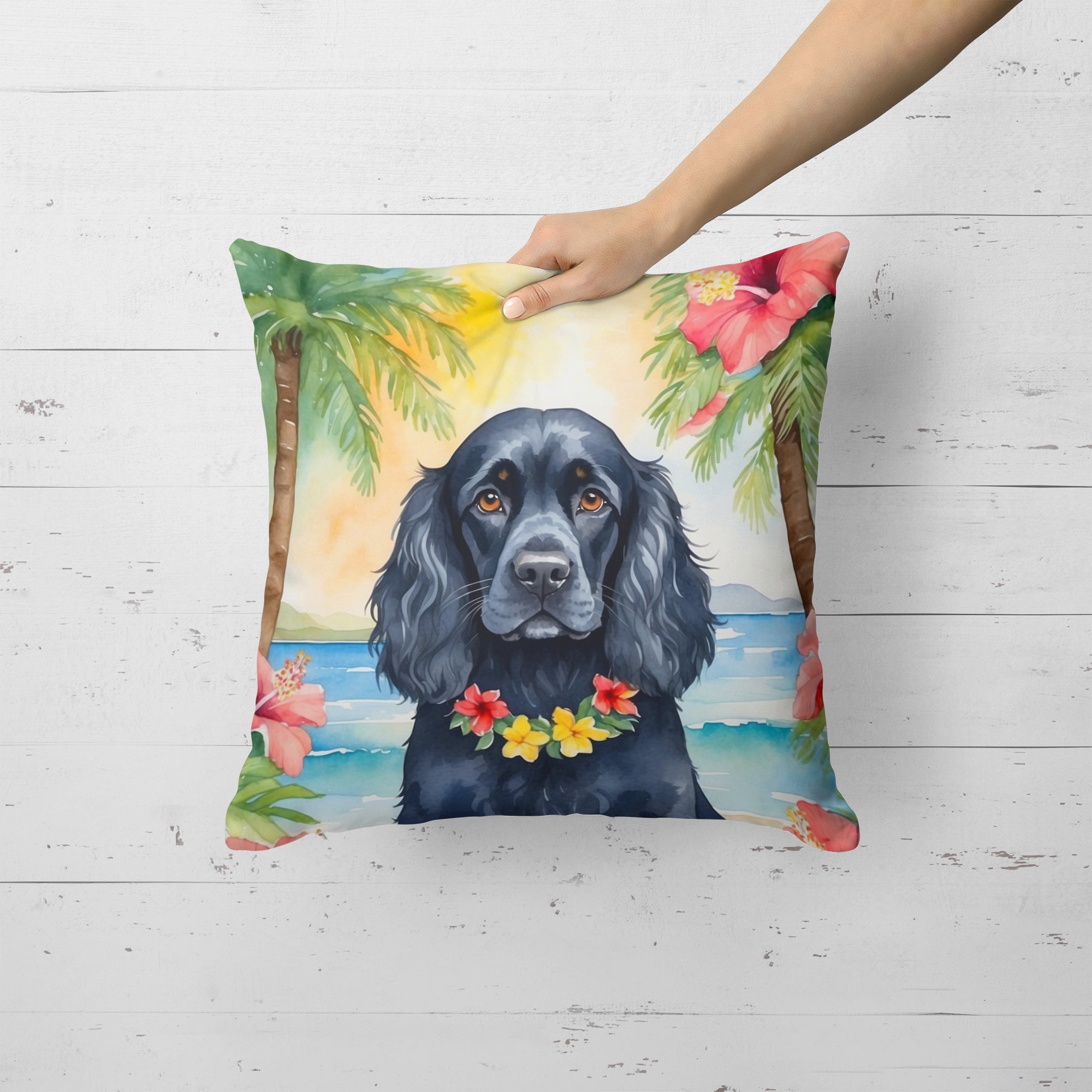 Cocker Spaniel Luau Decorative Throw Pillow 18x18 Indoor Outdoor Accent Cushion, Fabric Cover with Insert for Sofa, Bed, Porch & Living Room