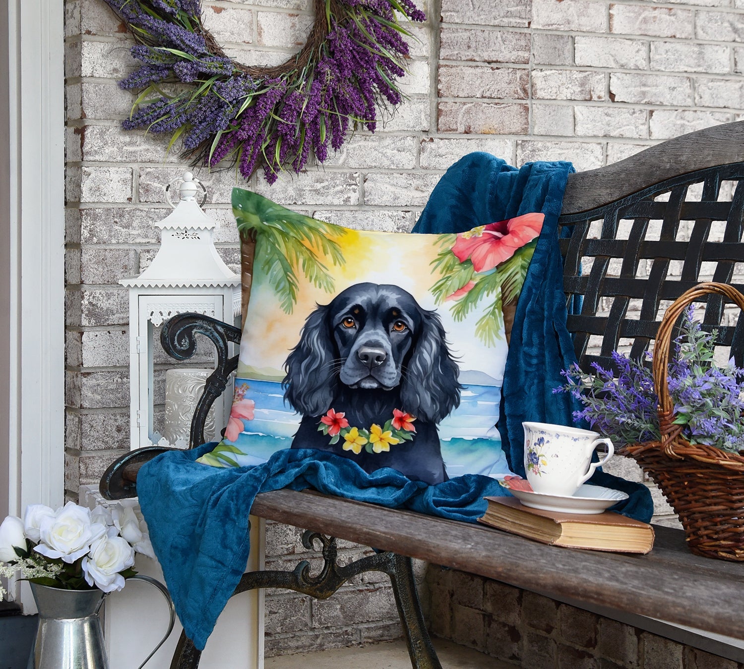 Cocker Spaniel Luau Decorative Throw Pillow 18x18 Indoor Outdoor Accent Cushion, Fabric Cover with Insert for Sofa, Bed, Porch & Living Room
