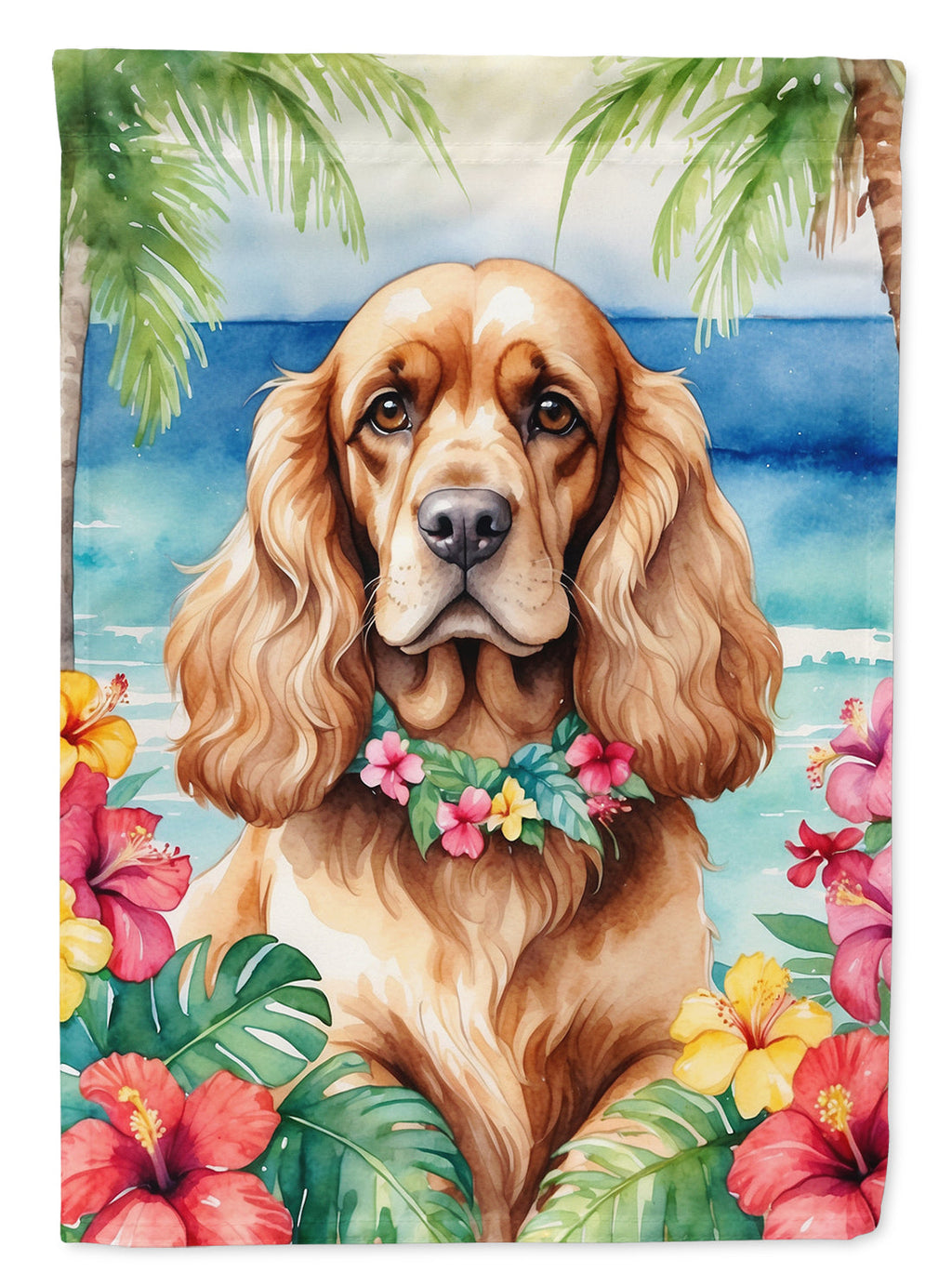 Cocker Spaniel Luau House Flag 28x40 Porch Sleeve Pole Decorative Outside Yard Banner Artwork Wall Hanging, Polyester