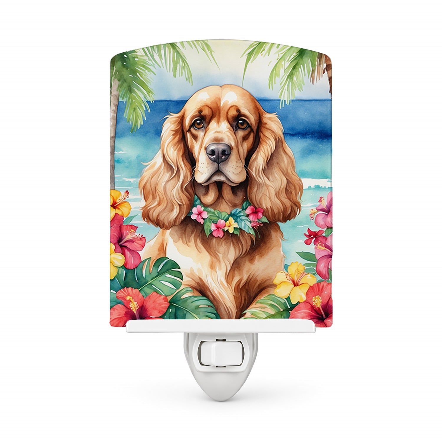 Cocker Spaniel Luau Ceramic Night Light Compact, UL-Certified, Ideal for Bedroom, Bathroom, Nursery, Hallway, Kitchen, 6x4x3, Multicolor