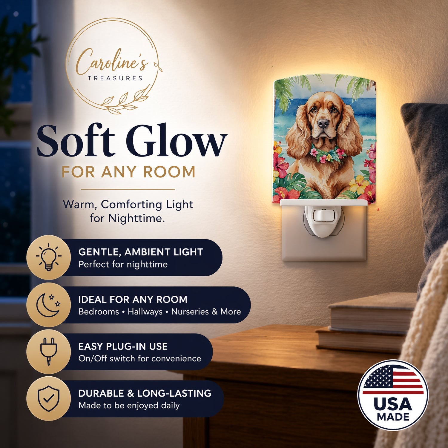 Cocker Spaniel Luau Ceramic Night Light Compact, UL-Certified, Ideal for Bedroom, Bathroom, Nursery, Hallway, Kitchen, 6x4x3, Multicolor